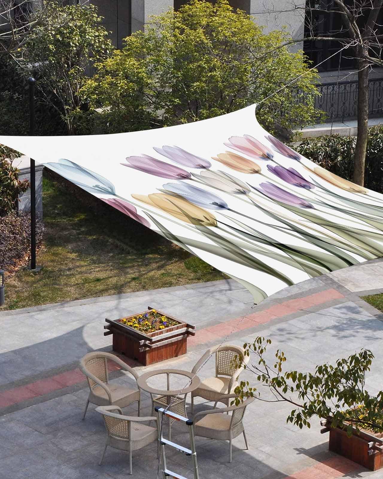 Waterproof Sun Shade Sail Colorful Tulip Flower Pattern Design Outdoor Patio Sun Shades Canopy UV Block Water Resistant Sunshade for Garden Backyard Deck Pergola 6.5x10 Ft