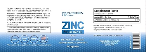 Miniatura 4 de Suplemento de picolinato de zinc 30 mg [alta absorción] – Picolinato de zinc para sistema de apoyo inmunológico 60 cápsulas