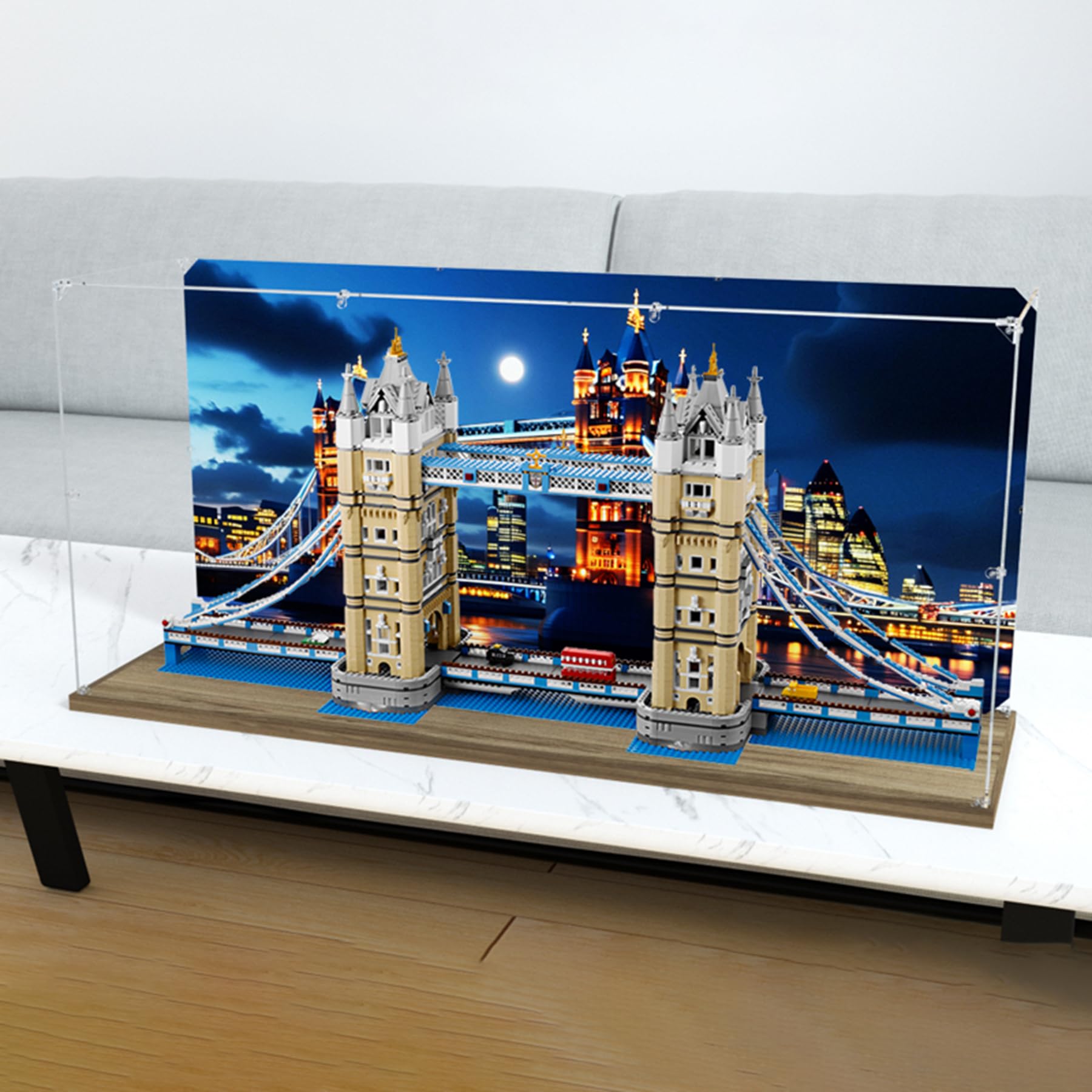 XNSHENGXAN Acrylic Display Case Compatible to Lego #10214 Tower Bridge (42.1*11.8*19.6in), Display Cases for Collectibles, Sturdy Protection for Your Collectible,Woode Base+Background