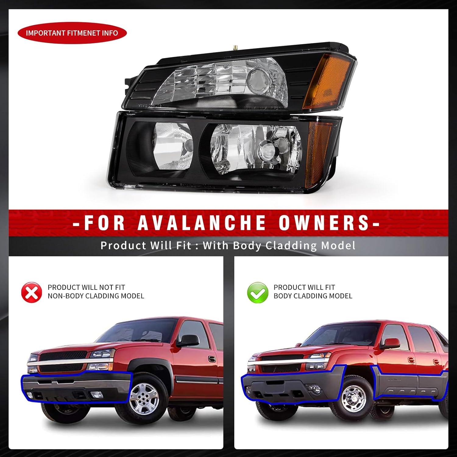 Headlight Assembly Compatible with 2002-2006 Chevy Avalanche 1500 2500 Headlamp Black Housing Amber Reflector Clear Lens Replacement Pair (Fits Body Cladding Models Only)（W/O Bulbs）