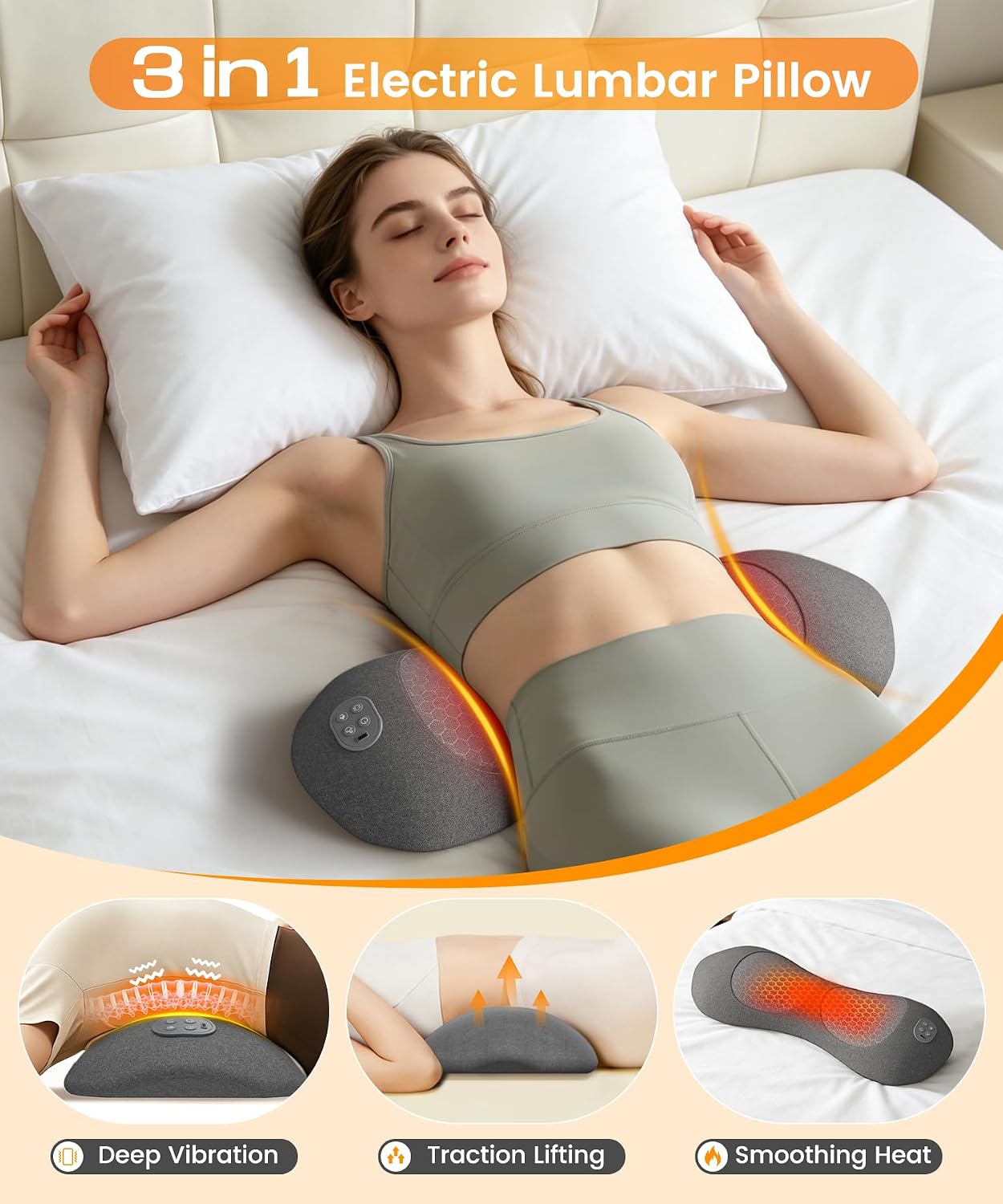Cordless Lumbar Support Pillow, 3-in-1 Triple Fusion Back Massager with 3 Gears Heat/Vibration/Traction, Lower Back Massager with 2500mAh Rechargable for Bed Office Chair Car