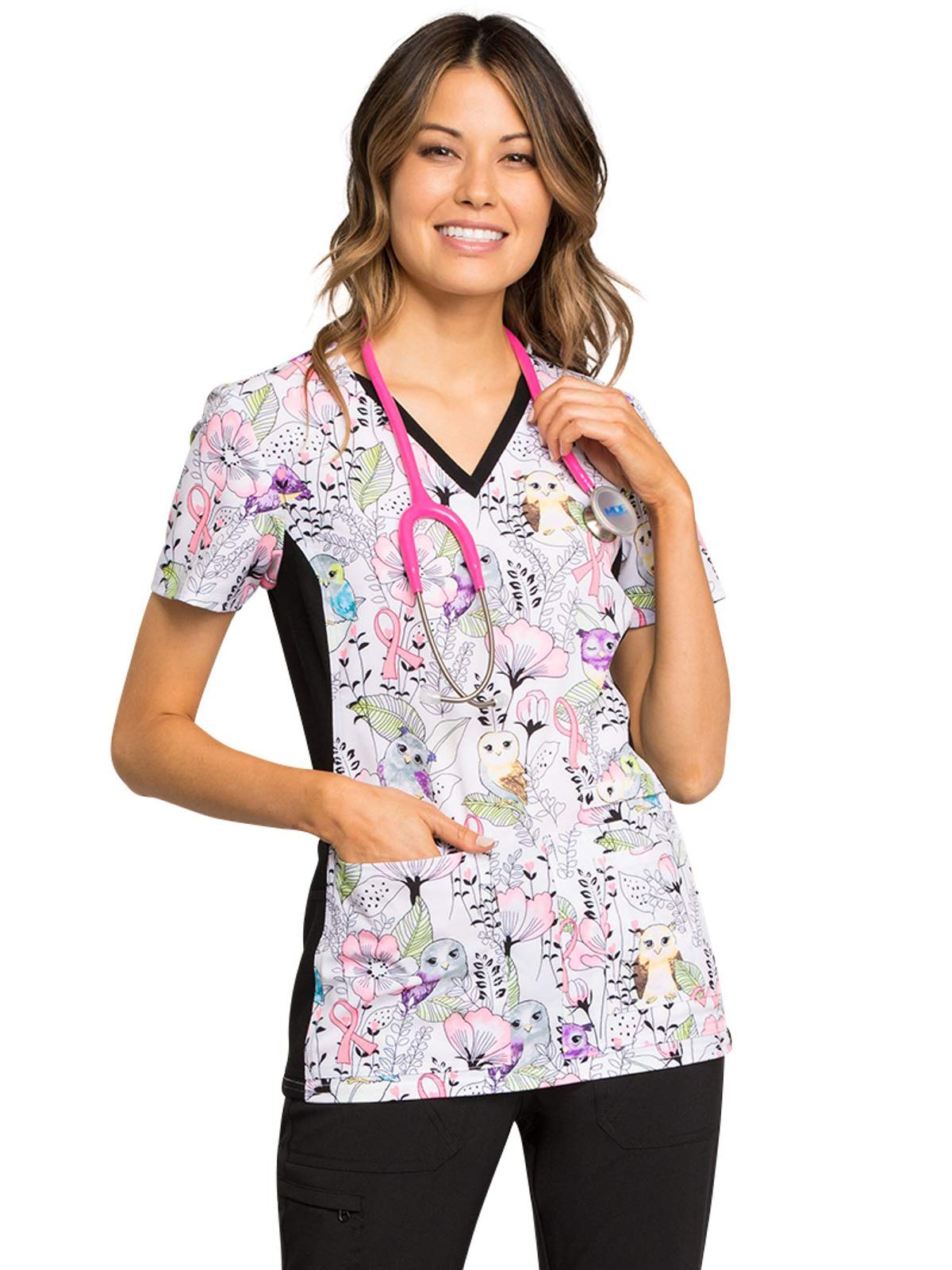 Cherokee iFlex Women Scrubs Top V-Neck Knit Panel CK636, XS, Owl Be in The Garden