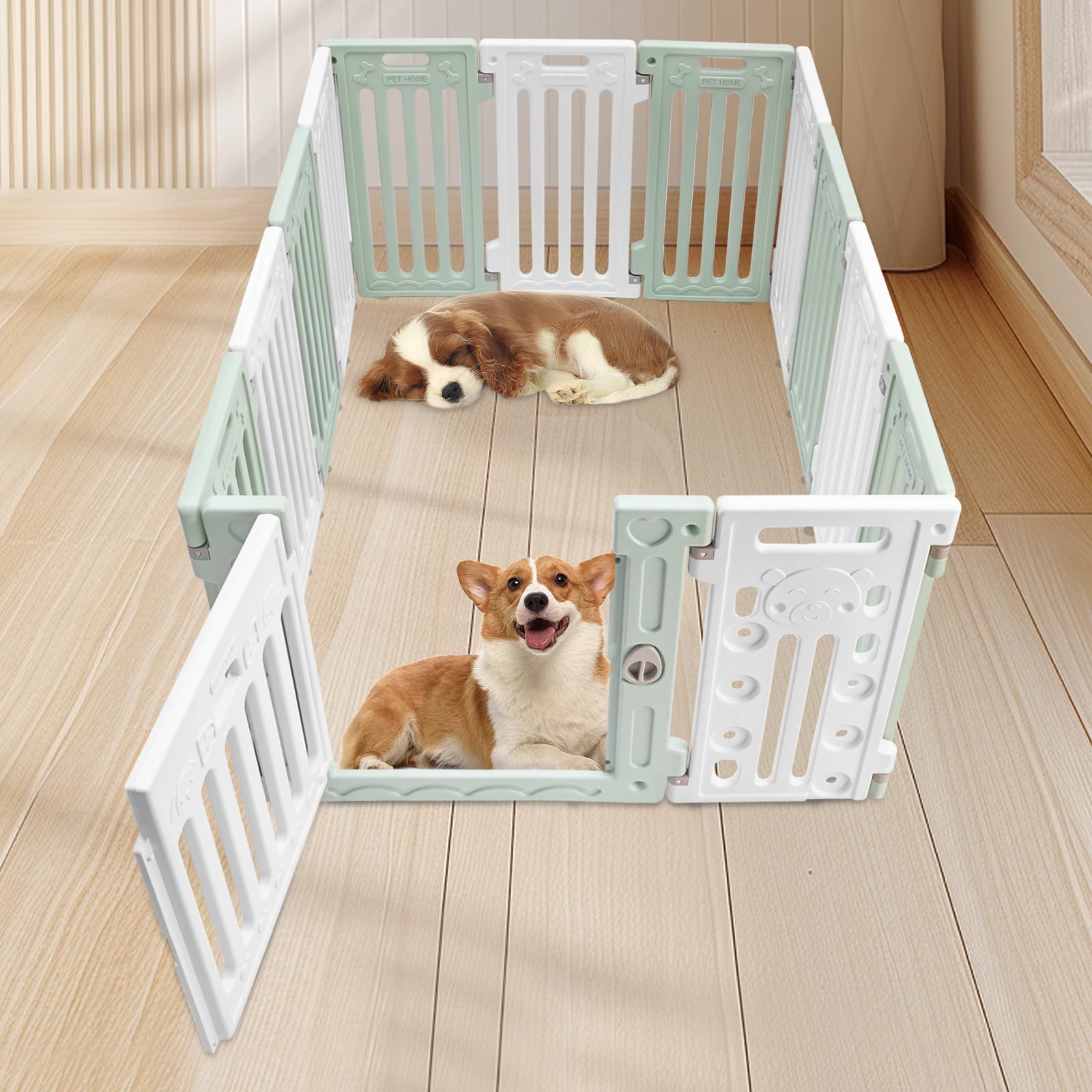 CNCEST Dog Playpen with Door,25.6in H Puppy Safety Fence Non-Slip and Secure Pet Gate,11 Panel Strong Plastic (Green)