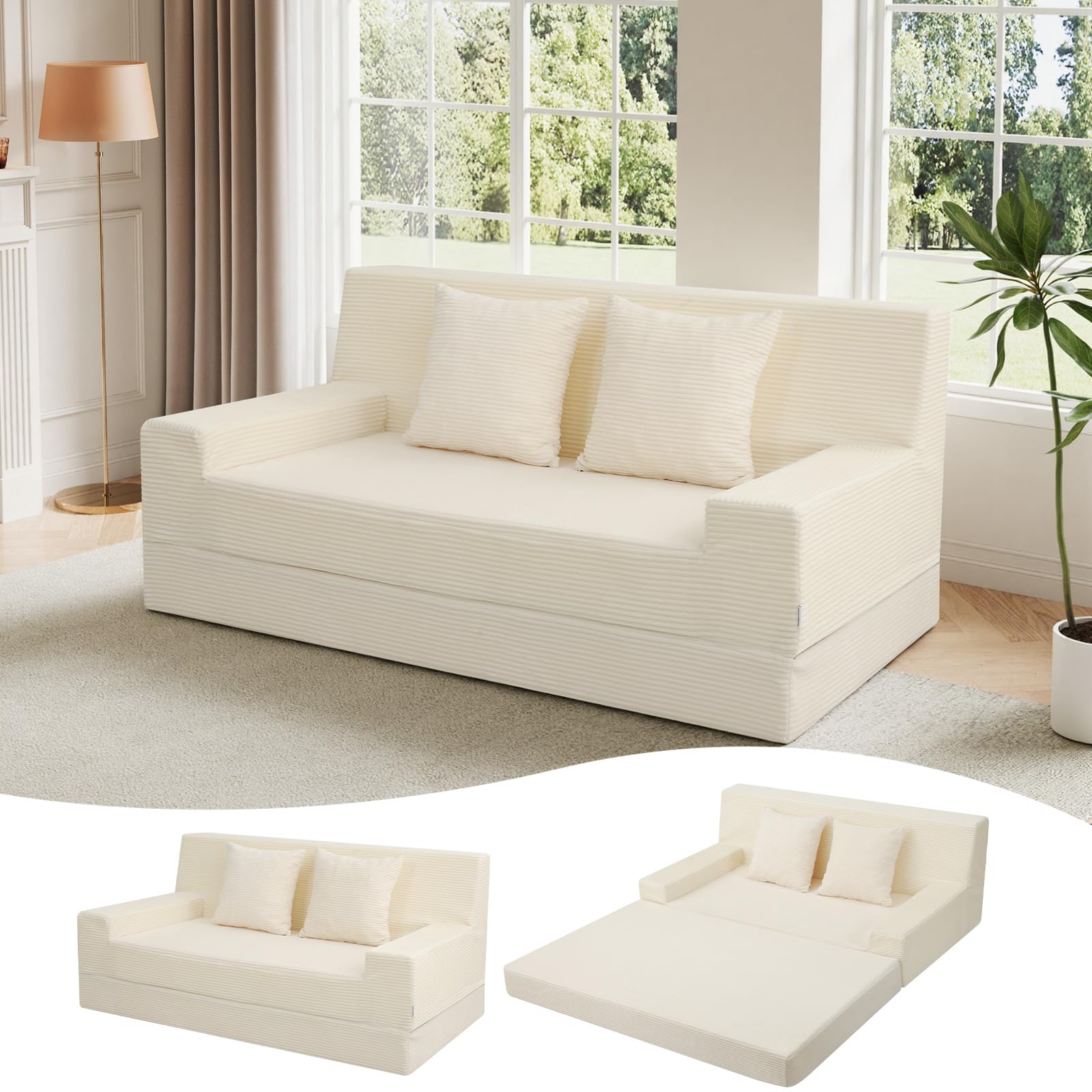 MeMoreCool 59" Boneless Couch Bed, Loveseat Futon Sofa, Small Space, Cream White