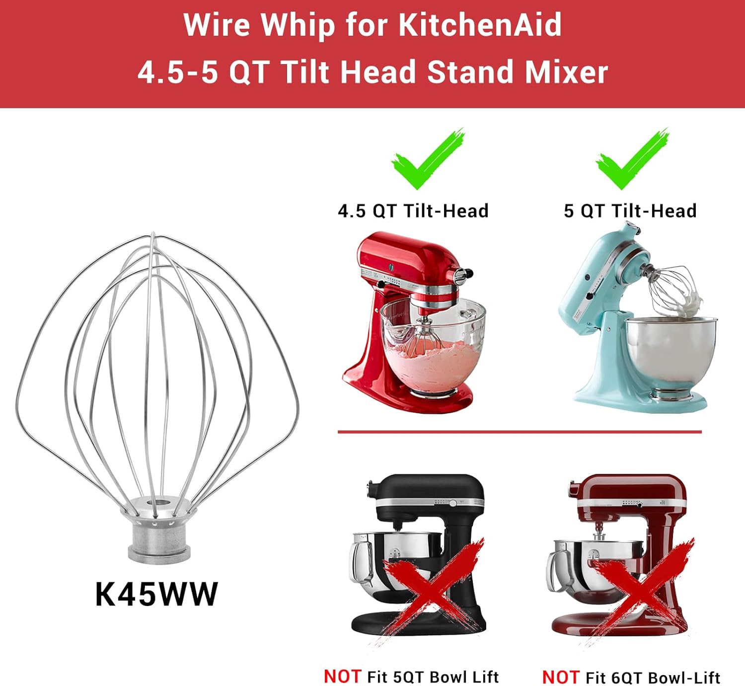 Wire Whip Attachment for KitchenAid, Attachments for KitchenAid 4.5-5 Quart Tilt-Head Stand Mixer, K45WW Replacement, 6-Wire Whisk Replacement, Egg Heavy Cream Whisk, Silver