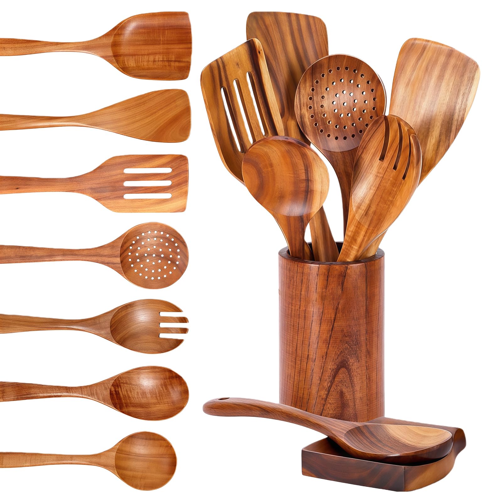 Set di cucchiai da cucina in legno, 9 pezzi di posate da cucina in legno, con supporto, spatola, cucchiaio da cucina, cucchiaio da cucina, cucchiaio da pasta, scolapasta, utensili in legno per