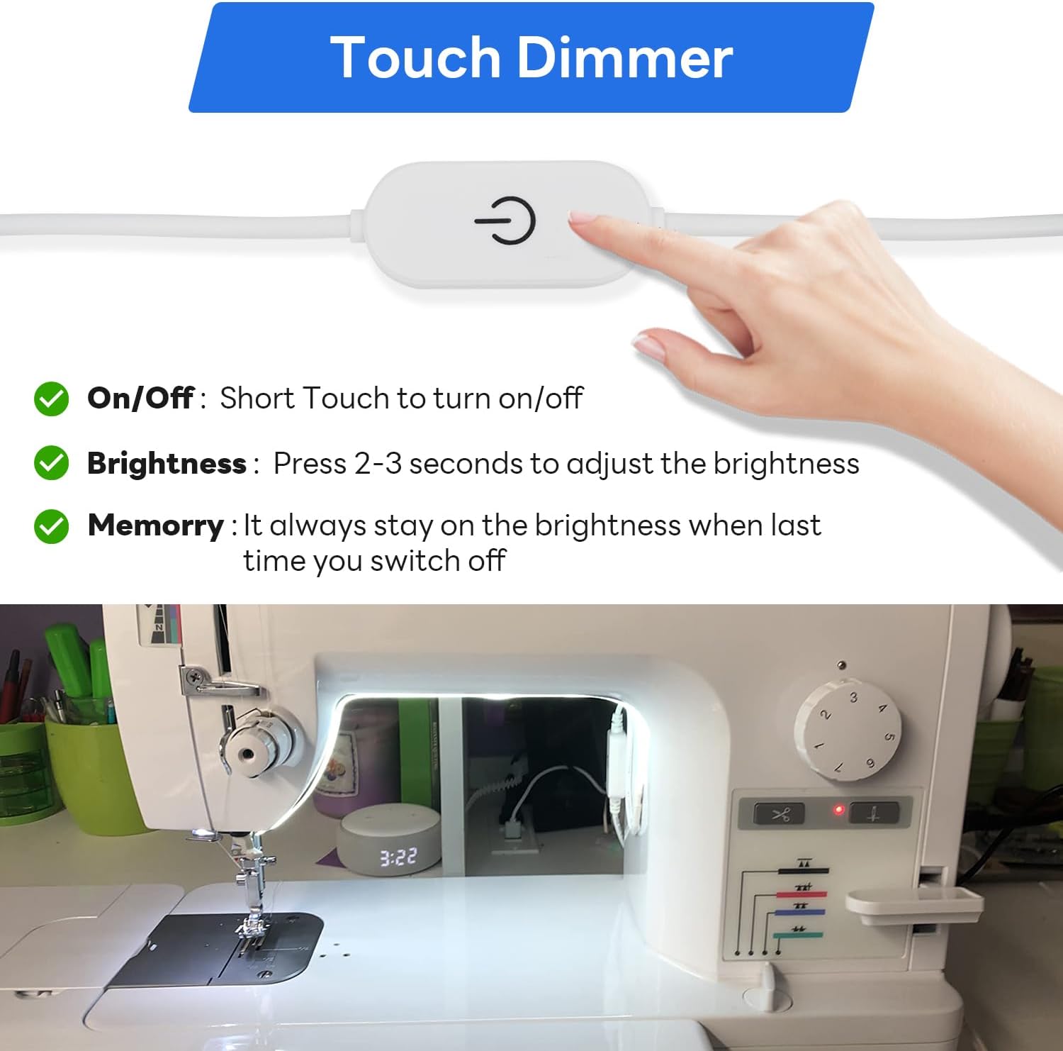 Sewing Machine Light, Dimmable Sewing Light Strip with Touch Dimmer, Adhesive LED Strip Light for Sewing Machine, Daylight White, 78” Power Cord, and Clips Included