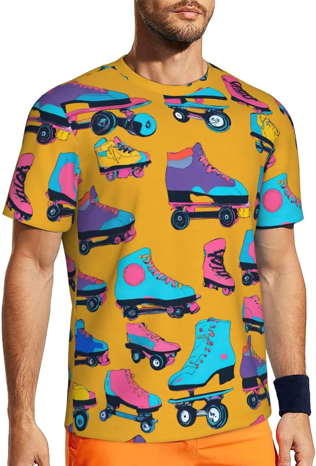Colorful Roller Skates Print Mens Short Sleeve Mesh T-Shirt Breathable Athletic Gym Running Casual Sports Wear
