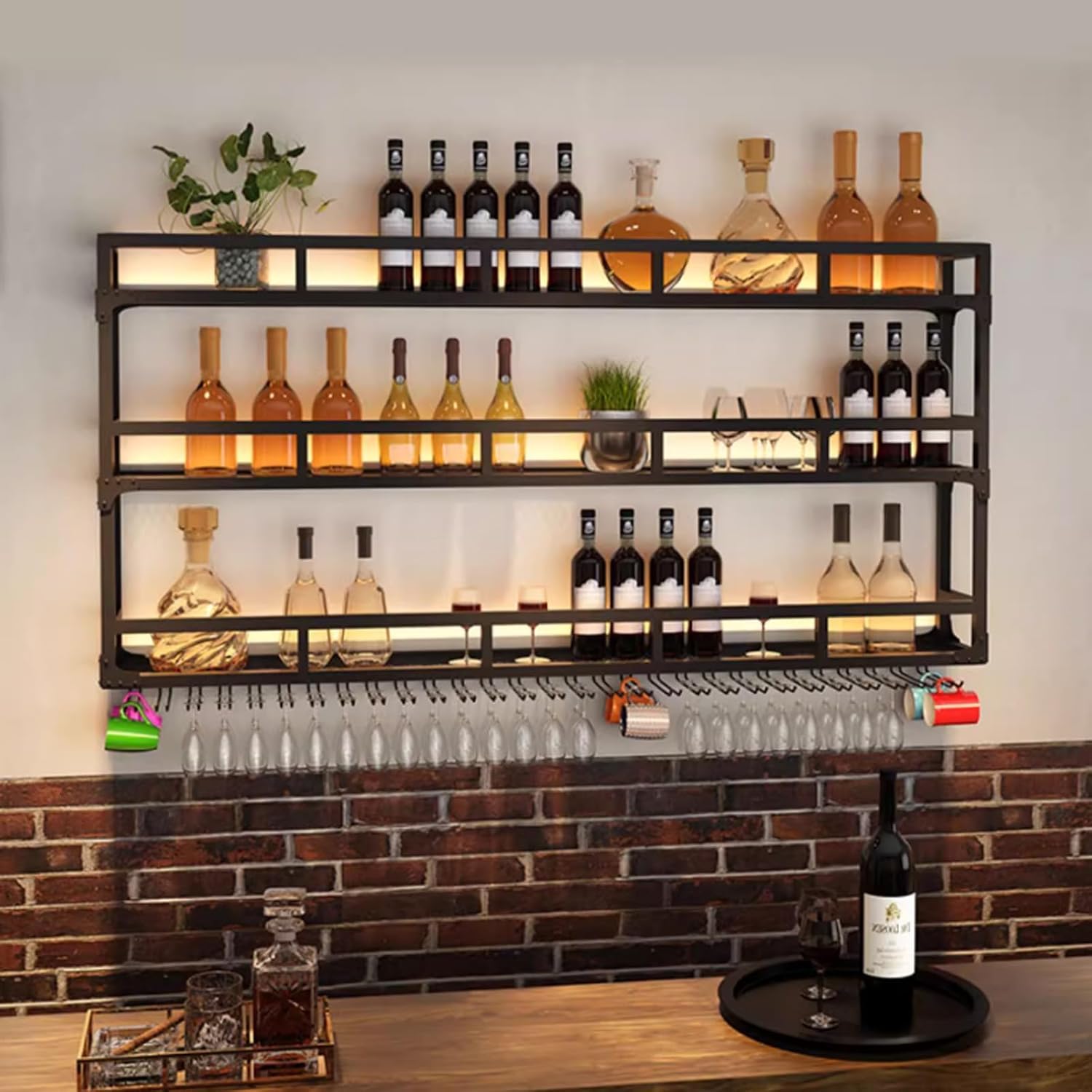 Étagère à vin LED moderne et porte-verres suspendu en métal noir pour cuisine