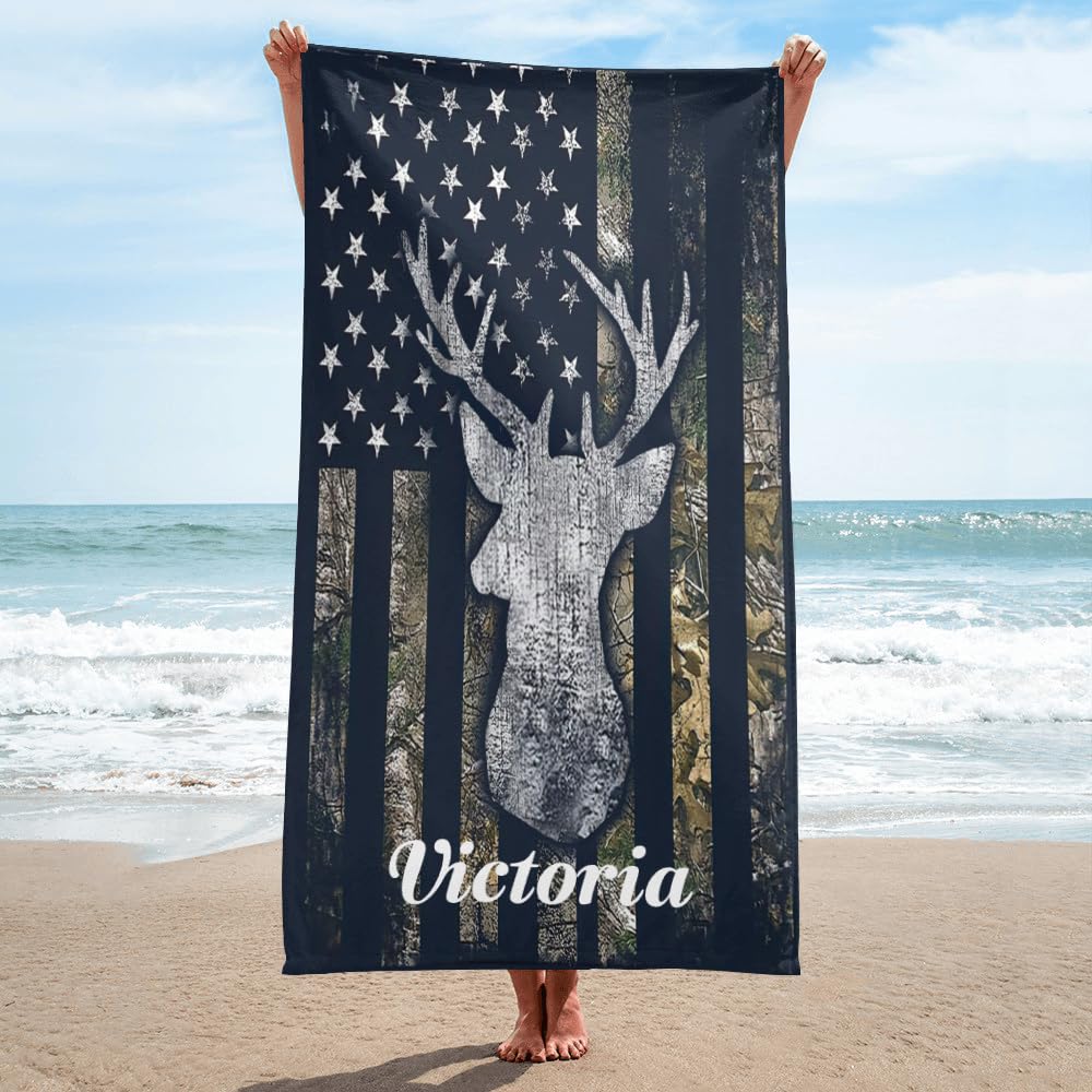 CUXWEOT Custom Microfiber Beach Towel Mat with Name Personalzied American Flag Camo Deer Quick Dry Absorbent Bath Towels Blanket Tapestry for Travel Swim Yoga Boys Girls Women Men