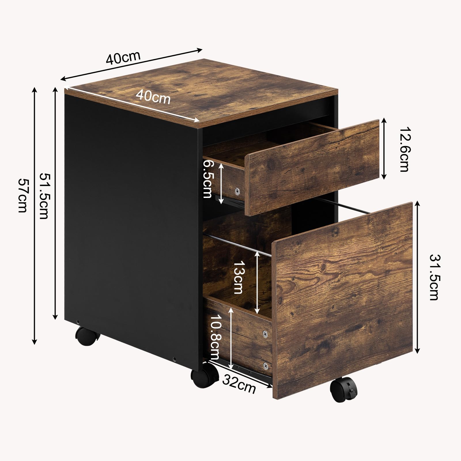 WOLTU Cassettiera Scrivania con 2 Cassetti, Schedario con Rotelle, Schedario da Ufficio A4, in Legno PB, Effetto Legno Vintage, 40x40x56cm, ASK11hov