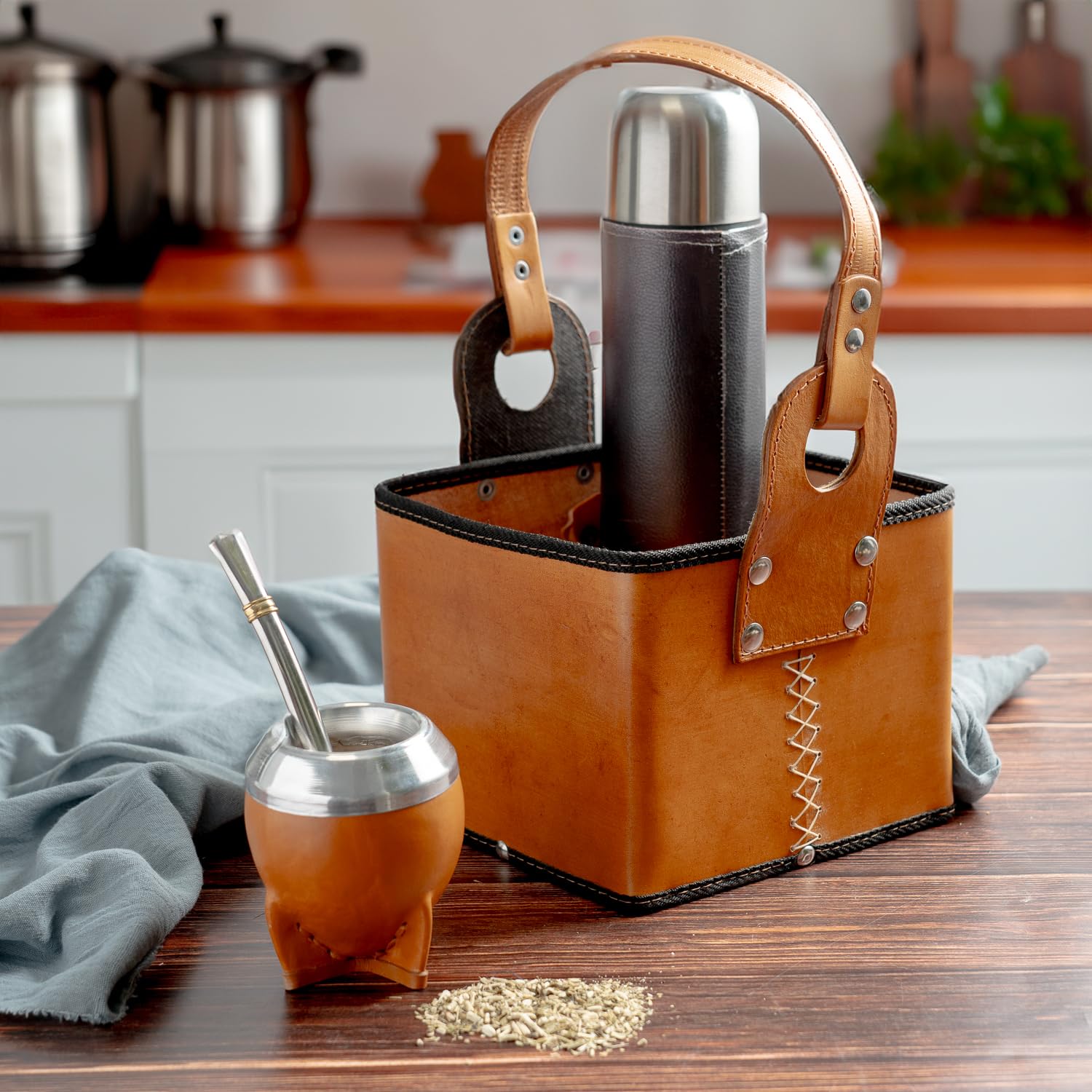 Porta Termo Cuadrado Mate Yerba Azucar Cartera Bolso Matero Picnic Eco Cuero (negro)