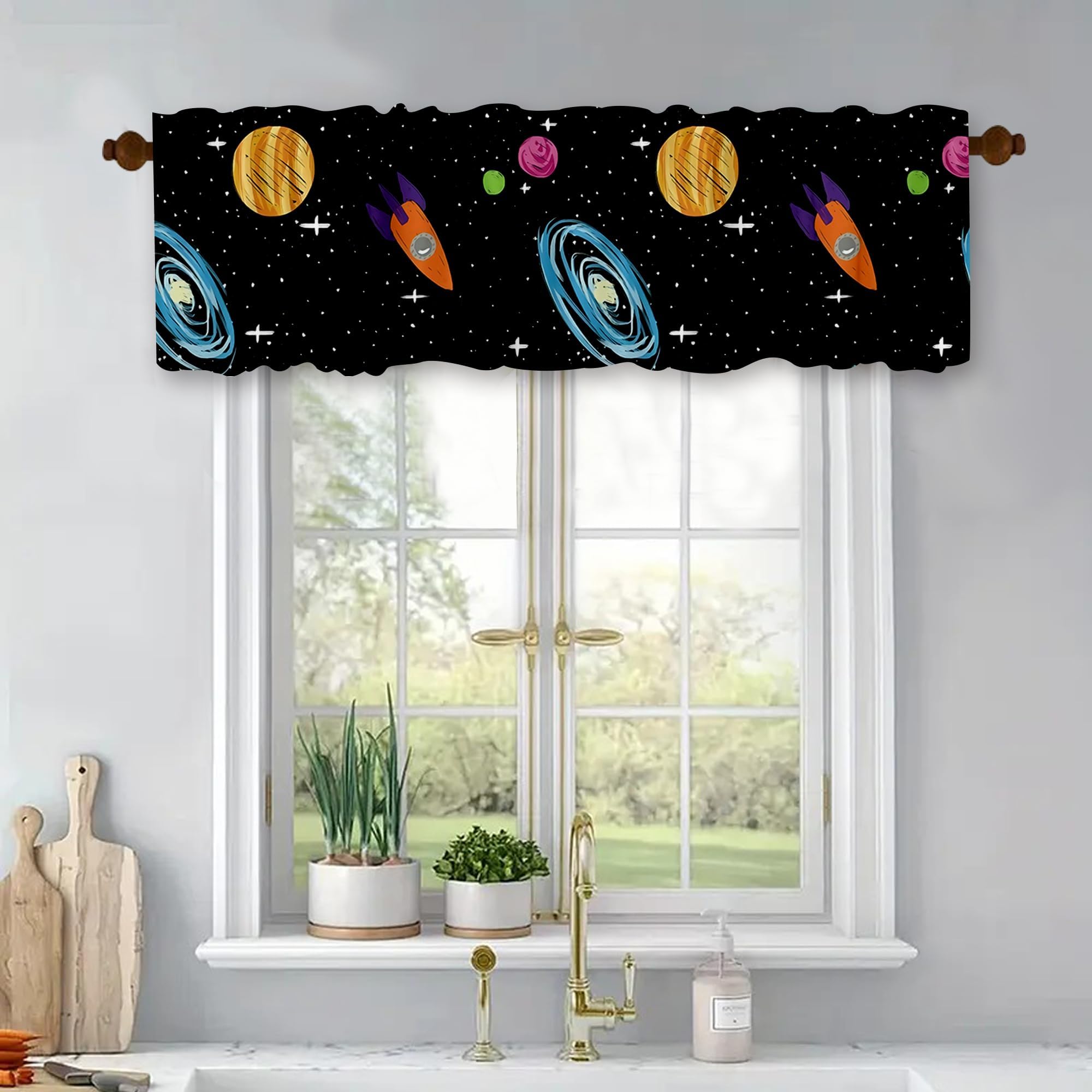 Universe Planet Windows Treatment Valances Astronaut Kitchen Curtains Outer Space Blackout Drapes 54x18Inch Topper Panel with Rod Pocket for Bathroom Bedroom Living Room