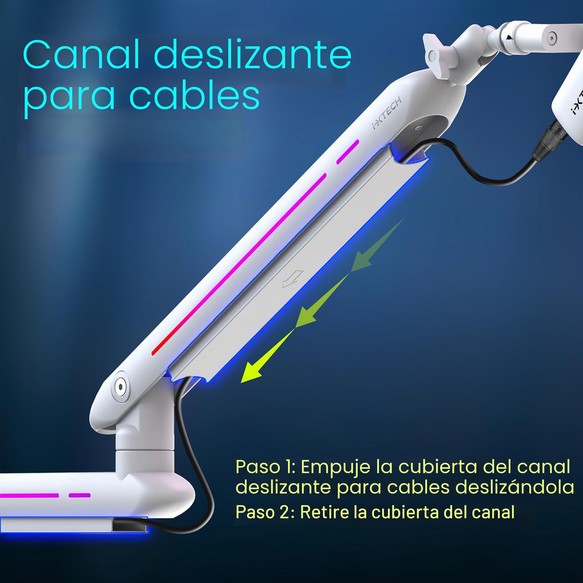IXTECH Brazo de brazo RGB de perfil bajo para micrófono, soporte de brazo de micrófono ajustable con abrazadera de montaje en escritorio, soporte giratorio para micrófono con gestión de cables para