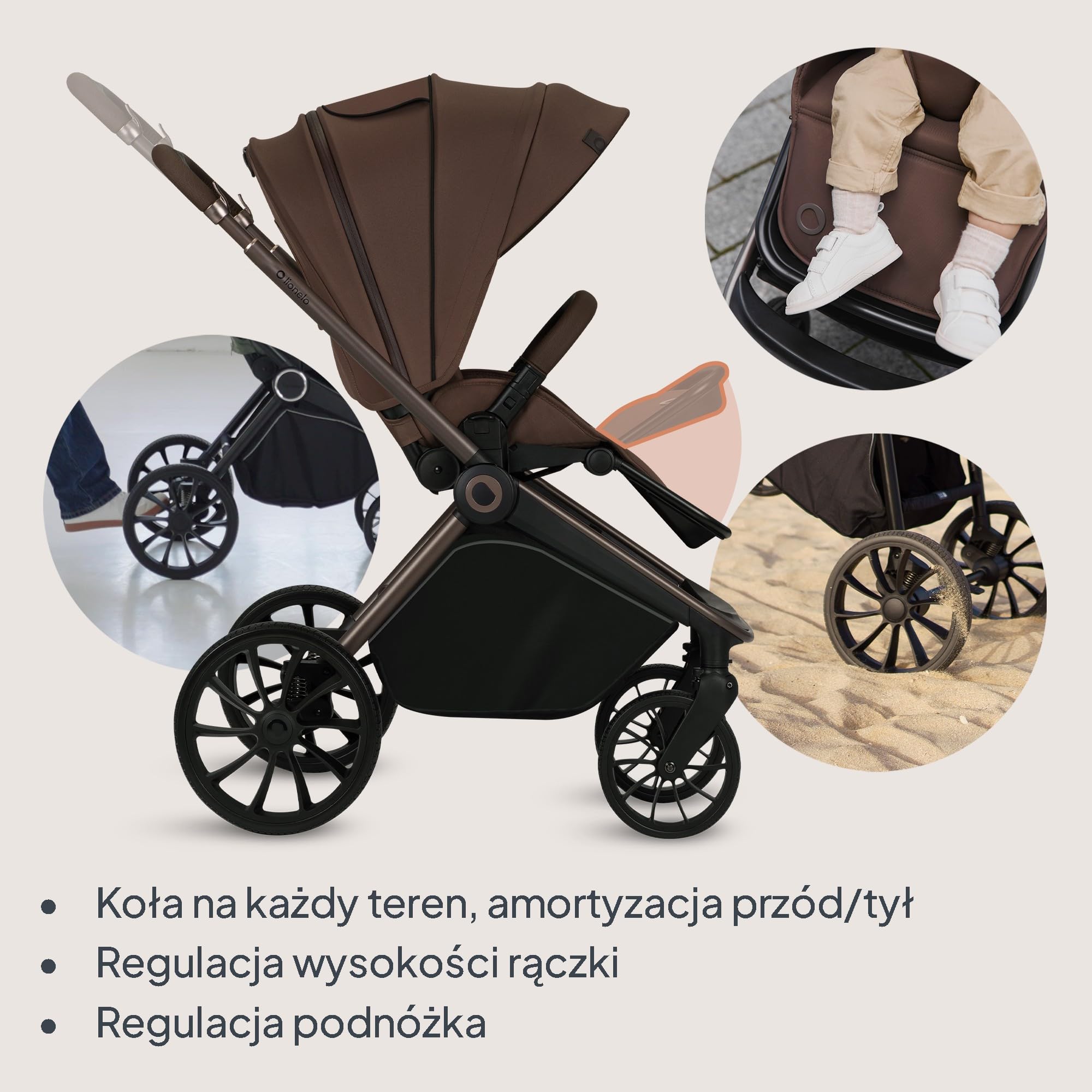 LIONELO Mika wózek 3w1 zestaw spacerówka, gondola i fotelik samochodowy, funkcja nosidełka, w zestawie moskitiera, pokrowiec na nóżki, folia przeciwdeszczowa, gumowe koła, lekka konstrukcja