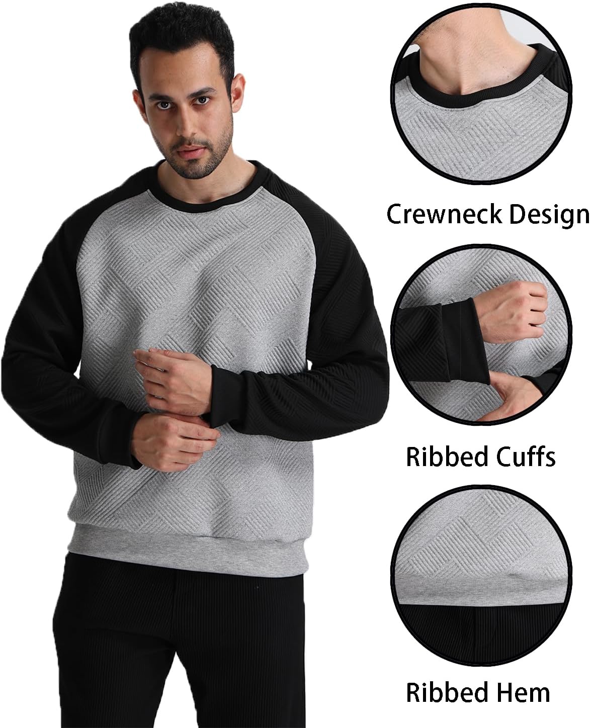 Men's Texture Crewneck Sweatshirt Geometric Long Sleeve Pullover Shirts Casual Lightweight Sweatshirts - Image 6