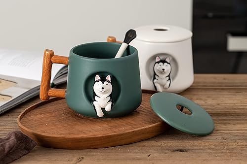 Miniatura 7 de DIHOclub Taza de café de cerámica con tapa y cuchara a juego, taza con diseño de husky 3D para jugo de té, leche y chocolate, bonita taza