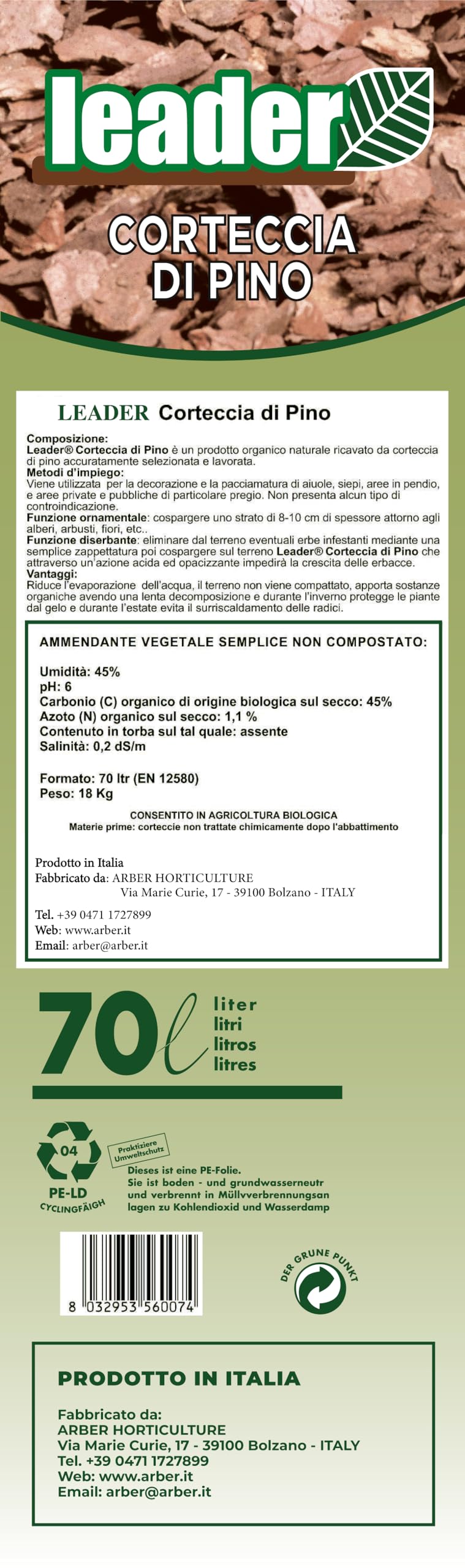 LEADER, Corteccia di Pino, Per Decorazione e Pacciamatura di Aiuole, Siepi, Aree in Pendio, Riduce l' Evaporazione dell'Acqua, Funzione Protettiva dal Gelo e dal Surriscaldamento, Sacchetto da 70L