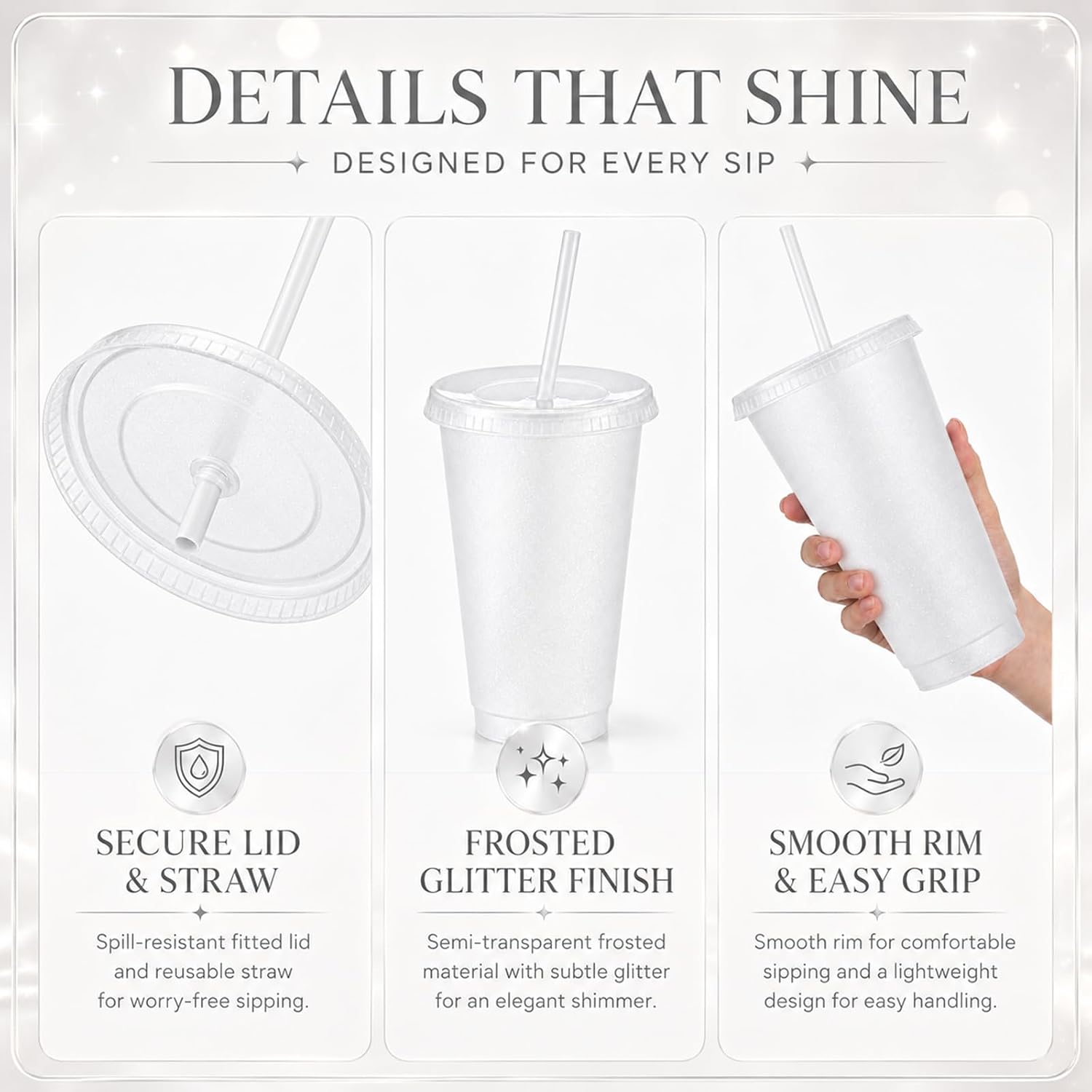 60 PCS Glitter Tumblers with Lids & Straws, 24oz Reusable Cups with Metallic Shimmer Finish, Dishwasher Safe Plastic Drinkware for Parties, Weddings & Home Decor (60, Transparent)