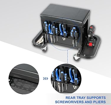 Tool Box Rolling Tool Cabinet, 350lbs Capacity Garage Tool Chest with 2 Foldable Tool Trays, Organizer and Storage Glider Rolling Tool Chest with 3 Drawer Unit, Mechanic Seat, Black