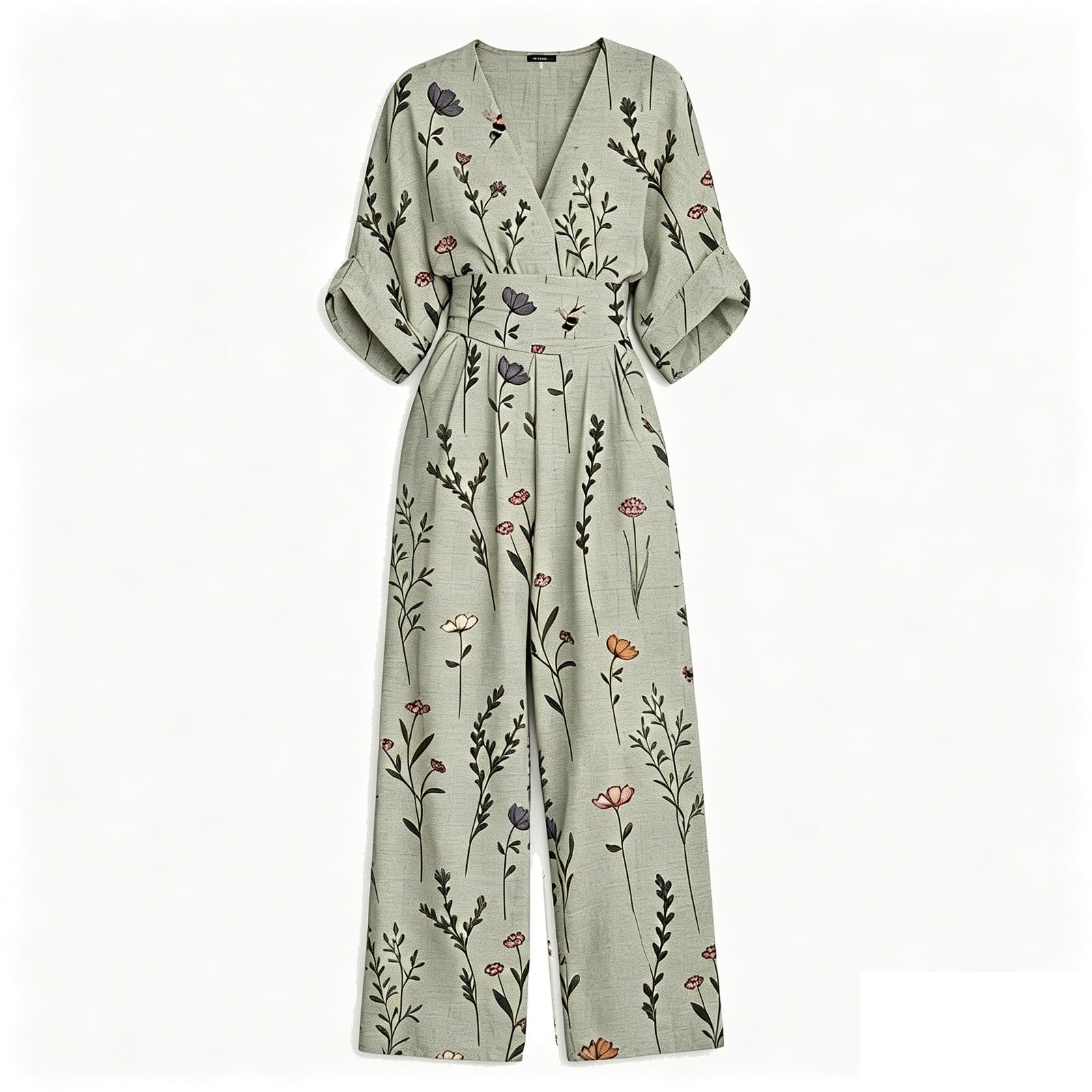 Generisch Jumpsuit Damen Kurzarm Weites Bein Jumpsuit - Locker Elegant V-Ausschnitt Hosenanzug Weites Bein Playsuit Lang Romper Mit Taschen Leicht Atmungsaktiv Summer Overalls Festliches Outfit