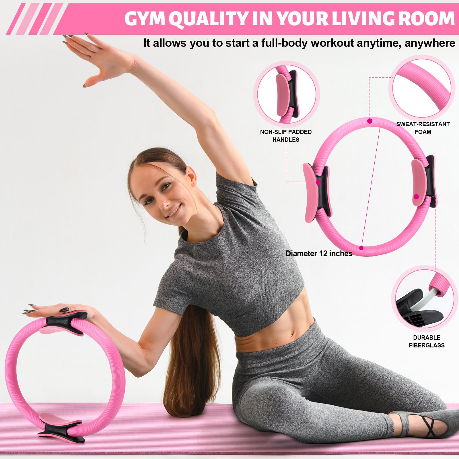 RoundFunny Set of 18 Pilates Ring Essential Kit for Women Pilates Ring and Ball Ankle Resistance Band Yoga Strap Socks Mat Arm Stretcher Latex Tube Gym Back Bag Exercise Equipment for Workout: Pink