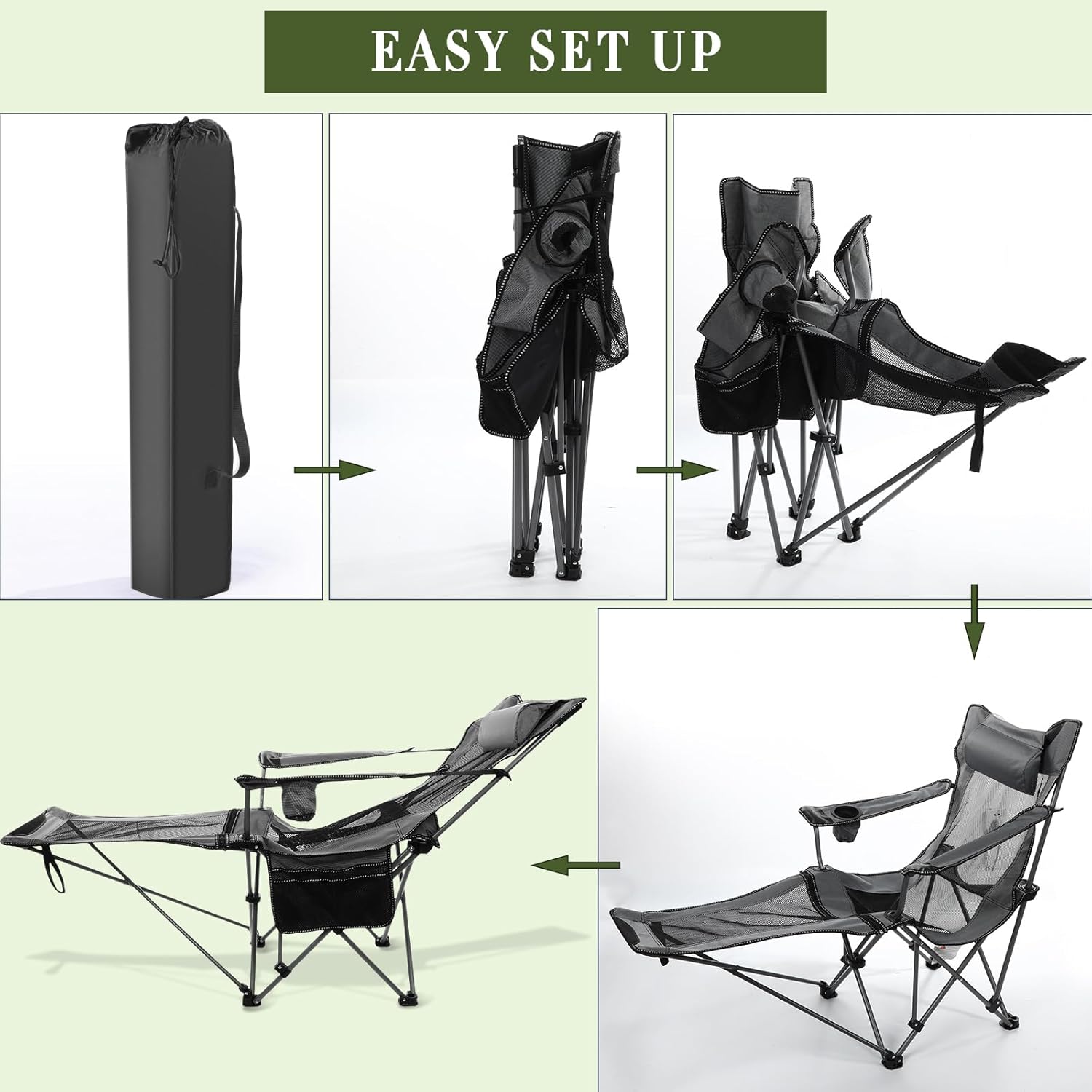 Soaoo 2 Pcs Mesh Camping Chair Portable Folding Portable Mesh Chair with Removable Footrest Headrest Storage Bag Camping Recliner 264lbs Weight Capacity Lounge with Carry Bag for Adult Outdoor(Gray)