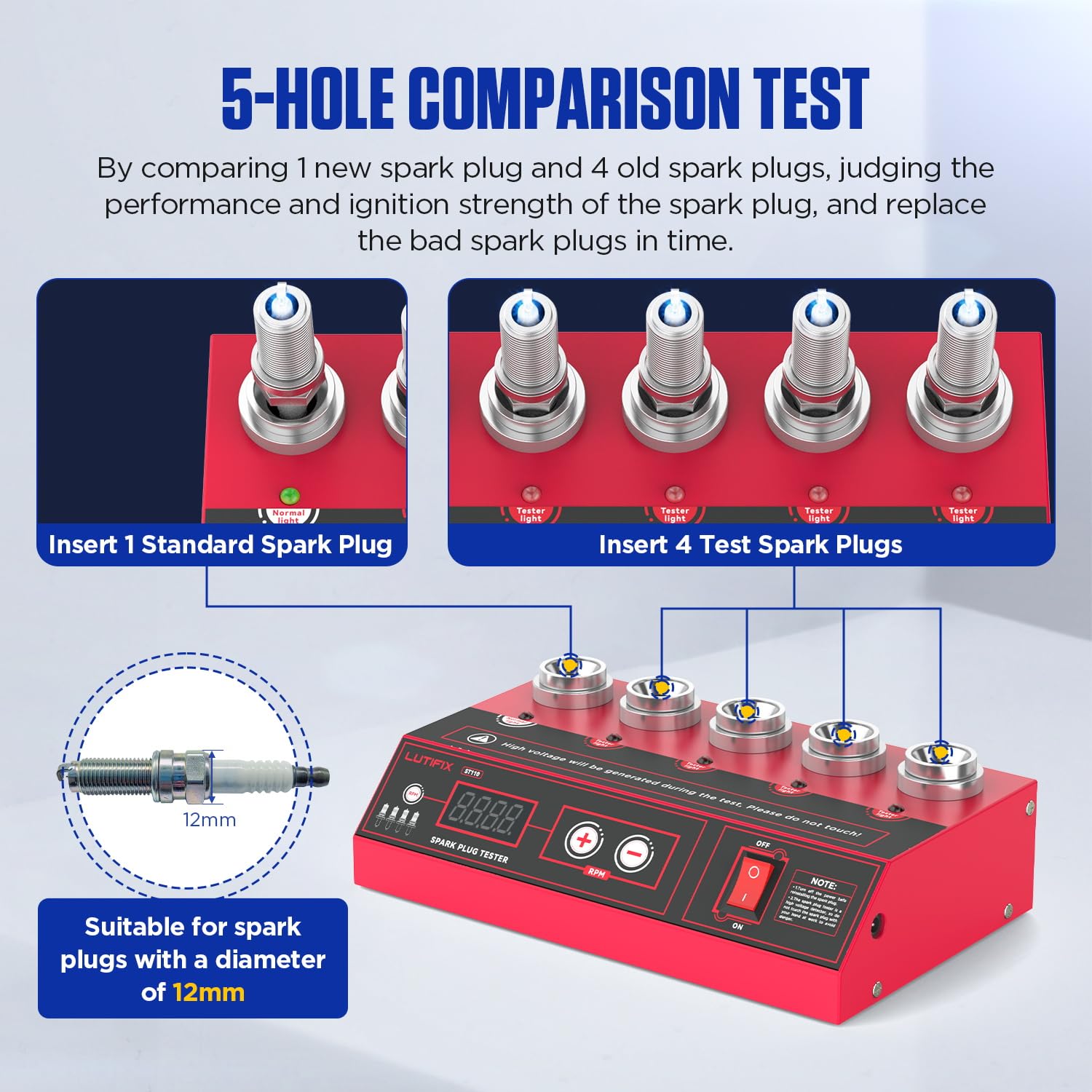 Spark Plug Tester Upgraded 5-Hole Spark Plug Tester Tool with Adjustable Frequency & Hole Height 200-9000rpm Car Engine Ignition Coil Tester Diagnostic Tool for 12V Gasoline Vehicles