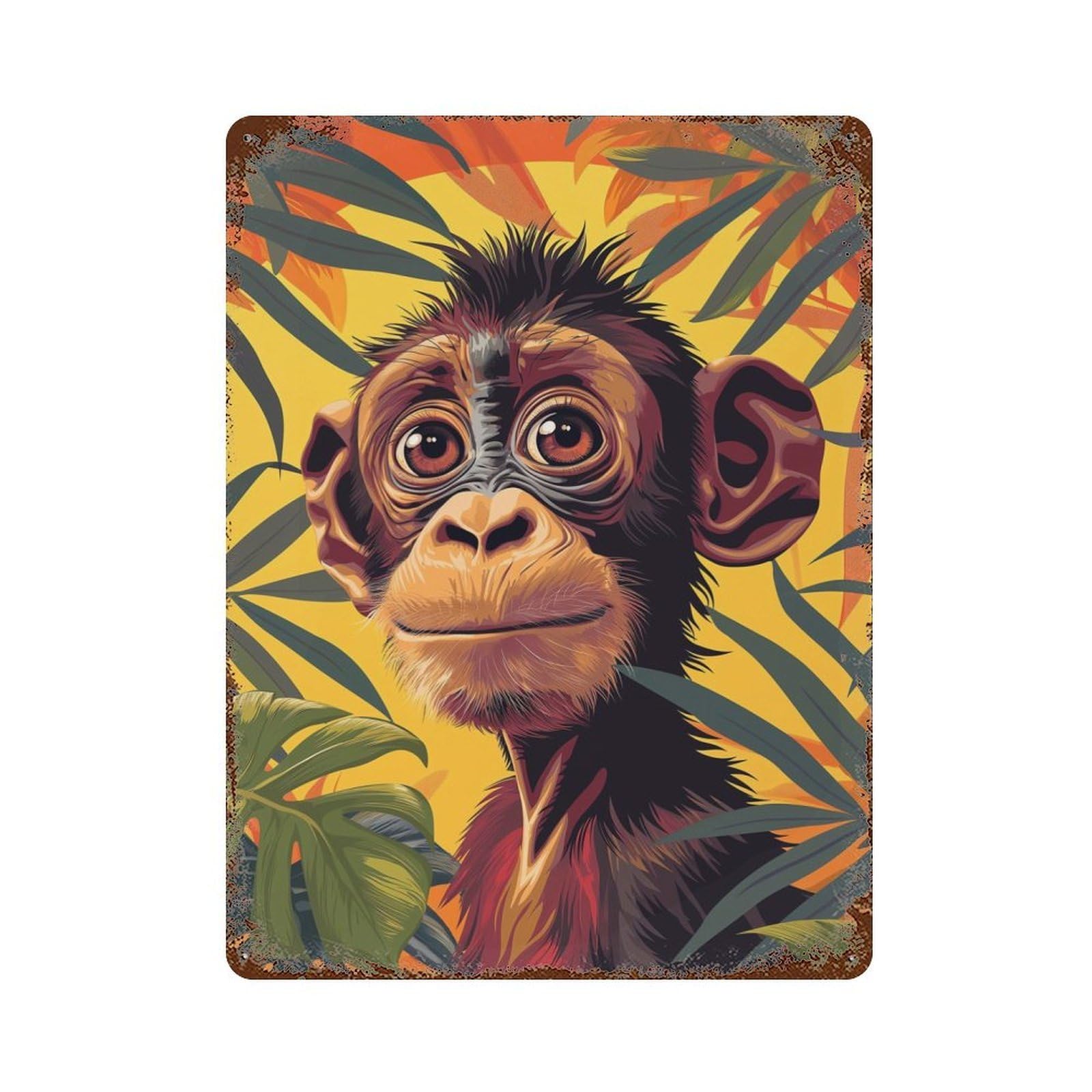 Chimpanzees And Palm Trees Rustic Tin Plaque 15.7"x11.8", Novelty Wall Decor for Garage, Pub Or Kitchen