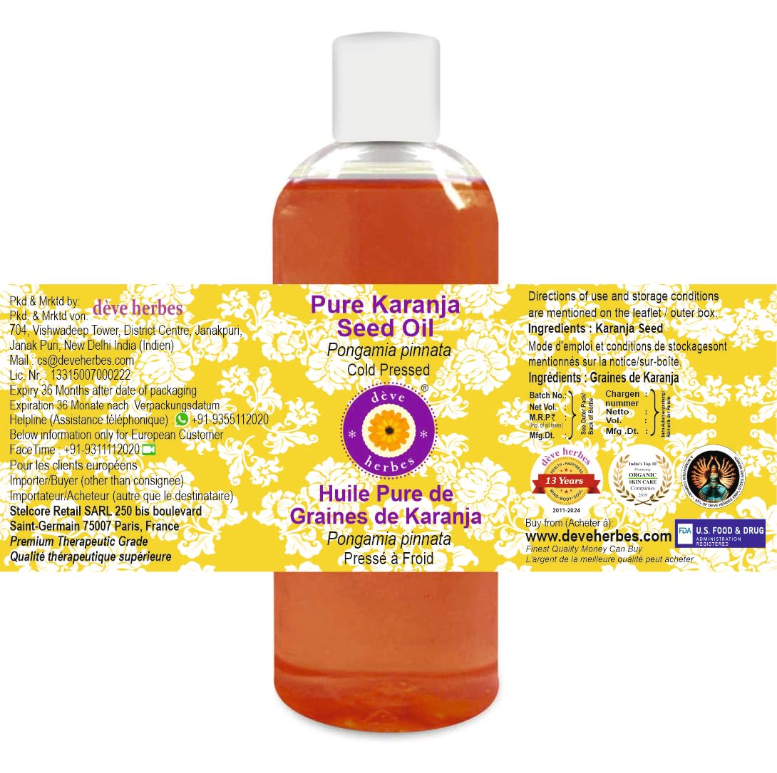 Deve Herbes Pure Karanja Seed Oil (Pongamia pinnata) Cold Pressed 200ml (6.76 oz)
