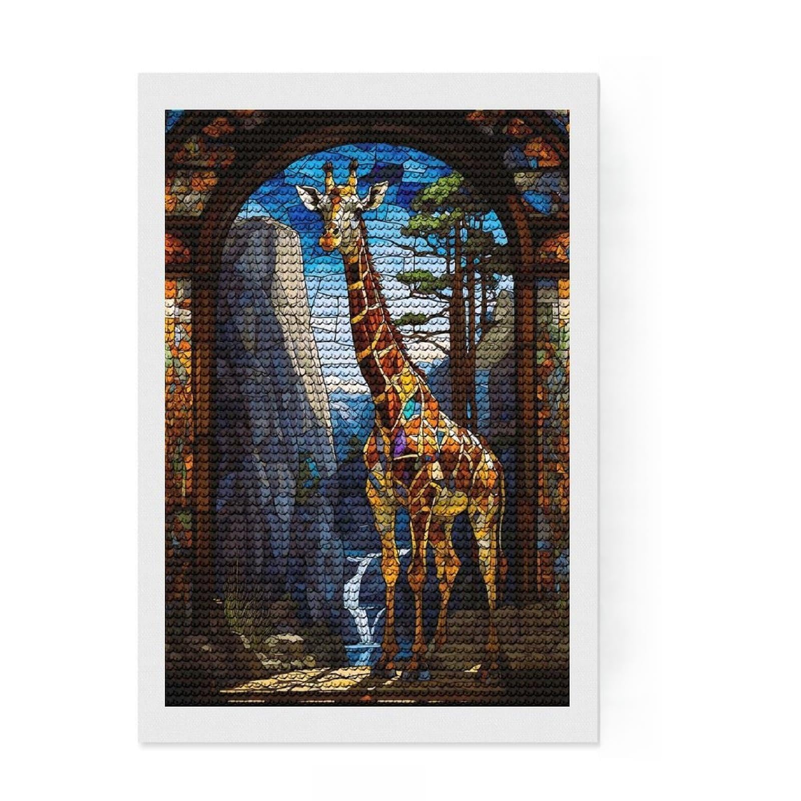 Junmoney Giraffe Stained Glass Diamond Painting Set 8"x12", Printed Canvas, Finish and Display, Home Wall Decor, Gift Idea, Neat Printed Canvas