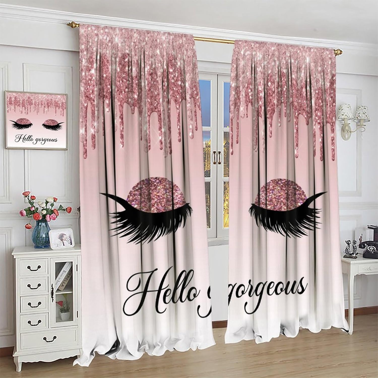 Pink Hello Gorgeous Eyelash Curtains, Girl Modern Makeup Theme Dripping Glitter Print Window Drapes for Living Room Women Girls Bedroom Set 2 Panels,84x84 Inches