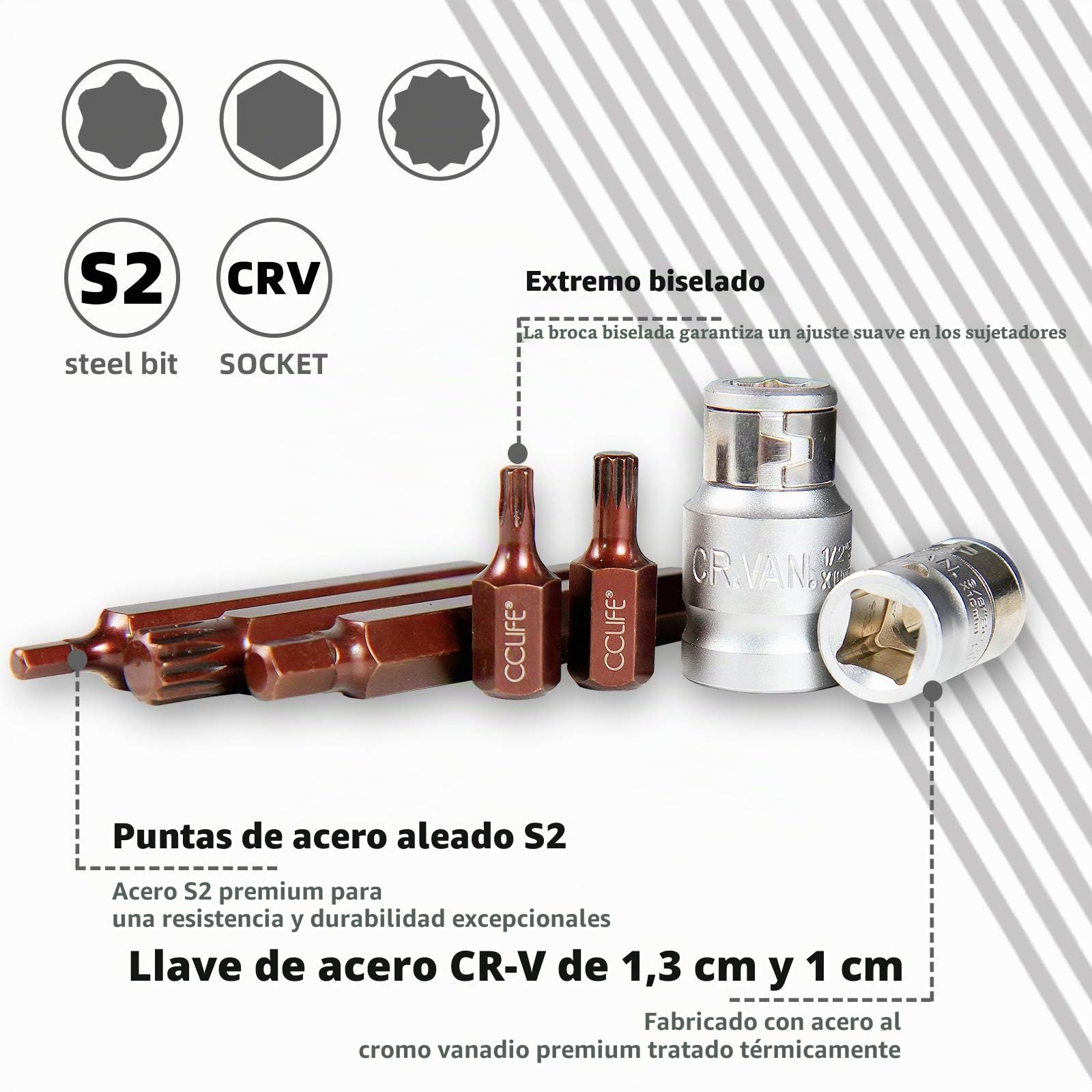 CCLIFE 40 piezas Juego de Puntas Torx XZN Puntas de Vaso Puntas Hexagonal S2 puntas T20-T55 M5-M12 H4-H12