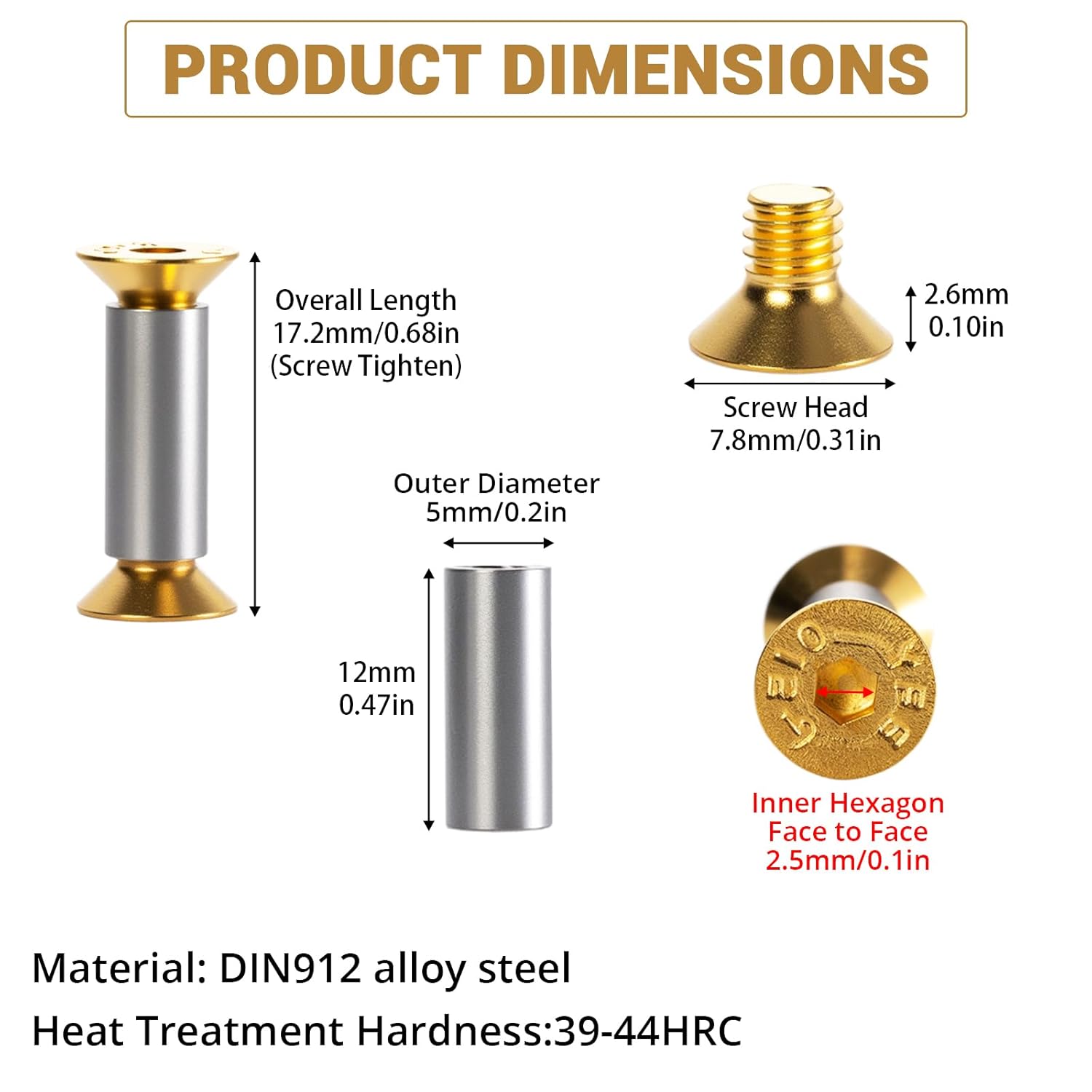 20-Pack Gold Hex Flat Head Knife Fasteners | M4 Alloy Steel Screws & Rivets Compatible with Blade Repair