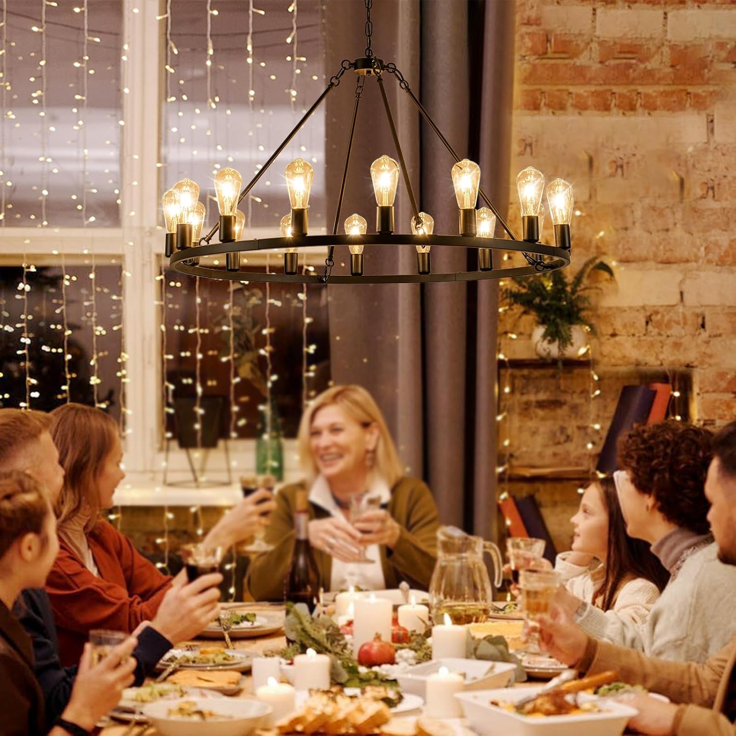 16-Light Wagon Wheel Chandelier, 40 inch Farmhouse Wagon Wheel Chandeliers, Black Round Rustic Pendant Lights, Industrial Ceiling Light Fixtures for Dining Room Living Room Bedroom Kitchen Entryway