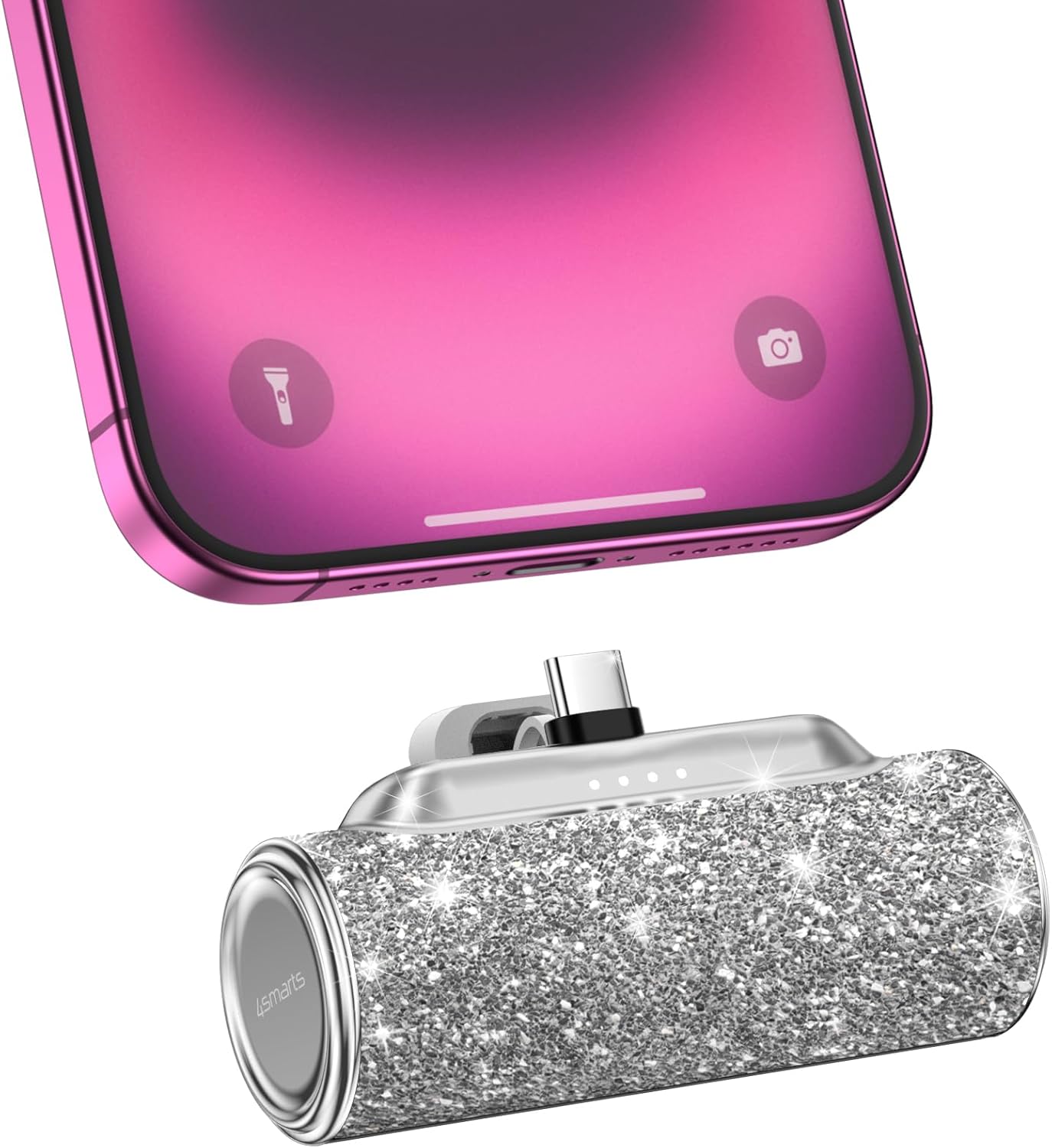 Mini Portable Charger USB C, 4500mAh Small Power Bank with Built-in USB-C Connector, Bling Glitter Battery Pack for iPhone 16/15 Pro/Pro Max/Plus, Samsung Galaxy S24/S23/Android  Shiny Silver