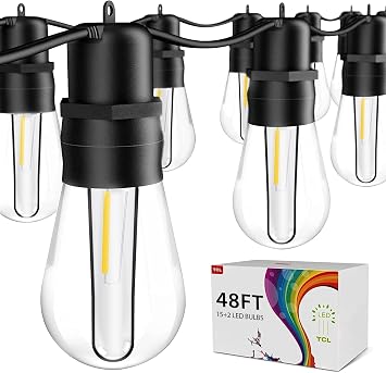 49FT LED Outdoor String Lights with S14 Shatterproof Plastic Bulbs 15+2 Spare ETL Listed IP65 Waterproof Patio Lights for Backyard, Cafe, Garden, Party Outdoor Lighting