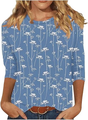 Tops for Women Trendy 3/4 Sleeveless Crew Neck Tops Fashion Flowy Print Summer T-Shirts Business Casual Clothes