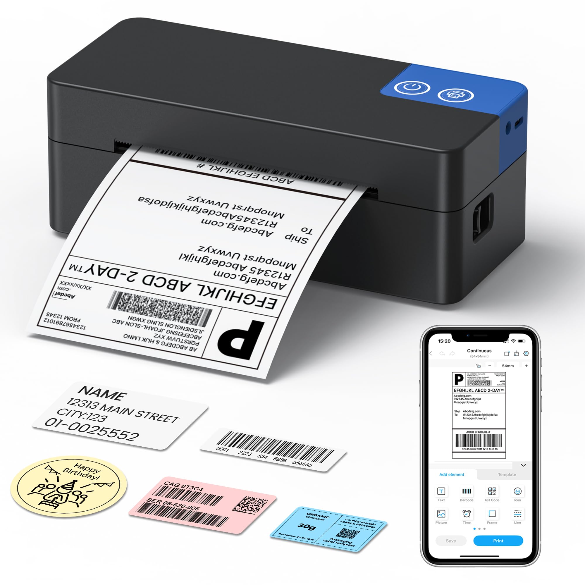 Bluetooth Etikettendrucker DHL, Thermodrucker 4x6 Versandetiketten Drucker, Shipping Label Printer Labeldrucker ohne Tinte für iOS Android Windows Mac, kompatibel mit UPS Shopify Etsy Amazon