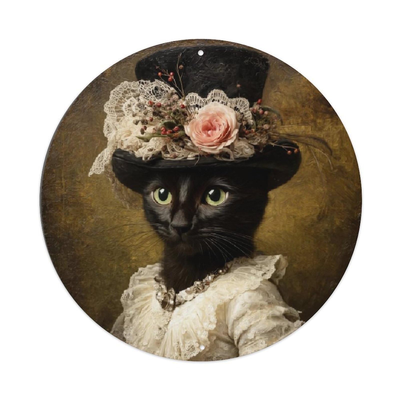 Elegant Cat In Victorian Attire Retro Metal Sign Round Tin Sign, Vintage Decor Art Poster for Bar, Home, Man Cave, Kitchen, Laundry Room Gift 8x8Inch