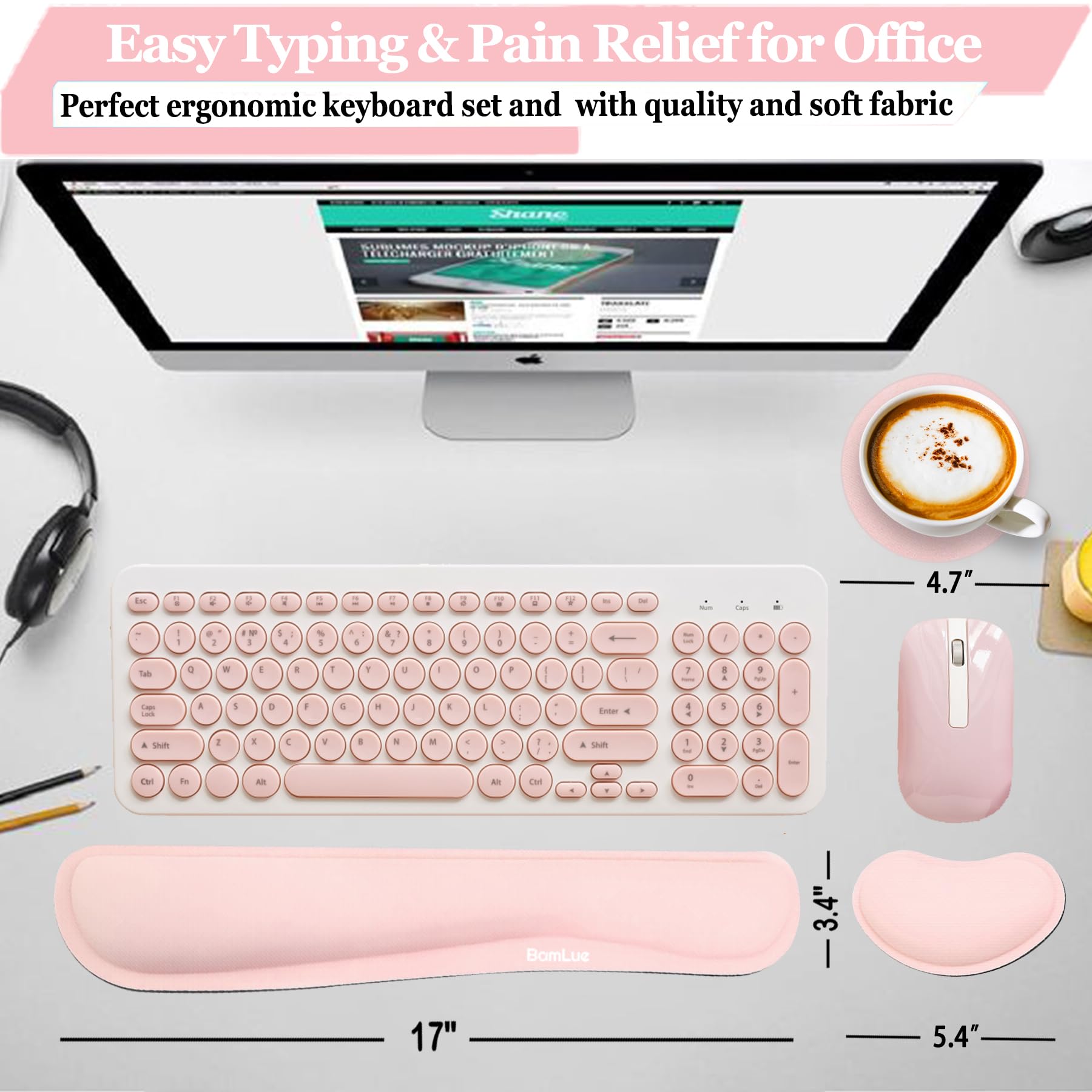 BamLue Ulepszona zmywalna podkładka pod nadgarstek ze skóry PU, żelowa podkładka pod mysz do łatwego pisania i ulgi w bólu, do laptopa, biura i domu, ergonomiczne zestawy do klawiatury, różowa