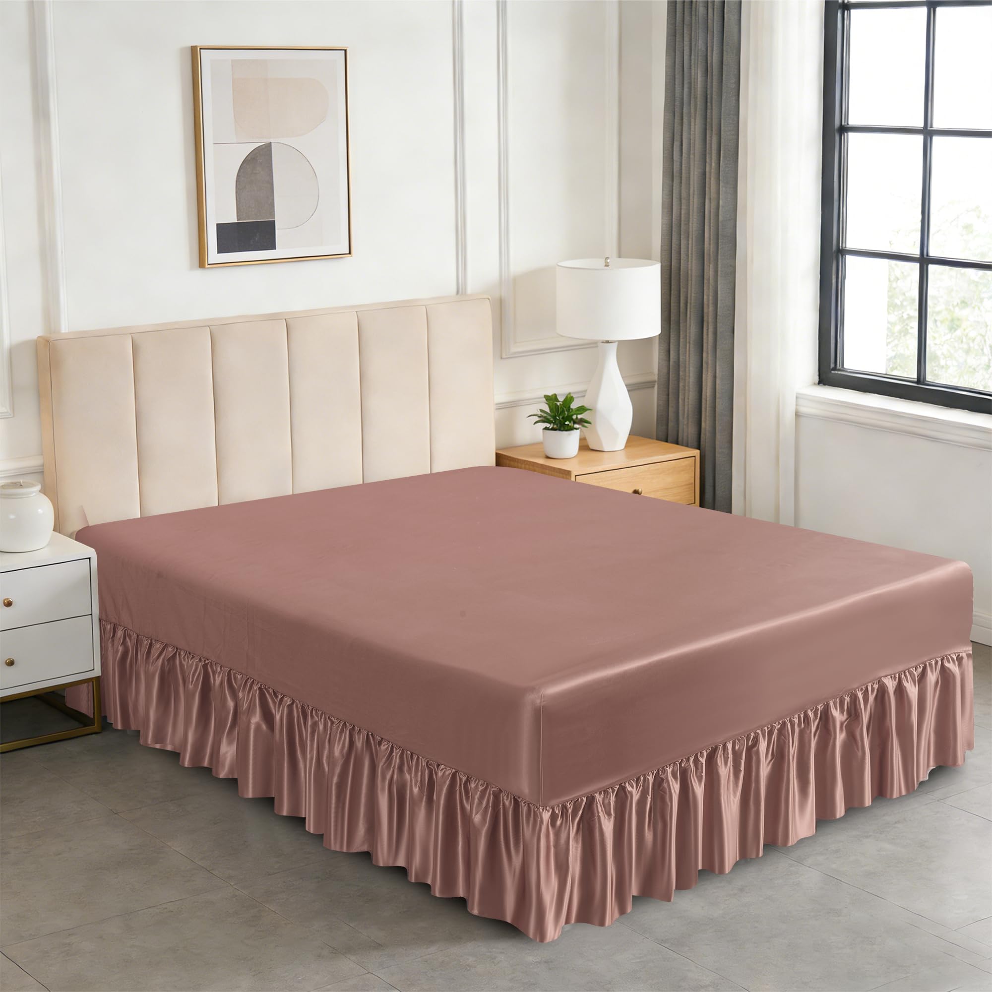 CHARKHAH Luxury Satin Valance Sheet Bed Skirt 30cm Deep Fitted Sheet with 35cm Drop | Silky Smooth Satin Bed Base Cover Easy Care Single Double King Super King