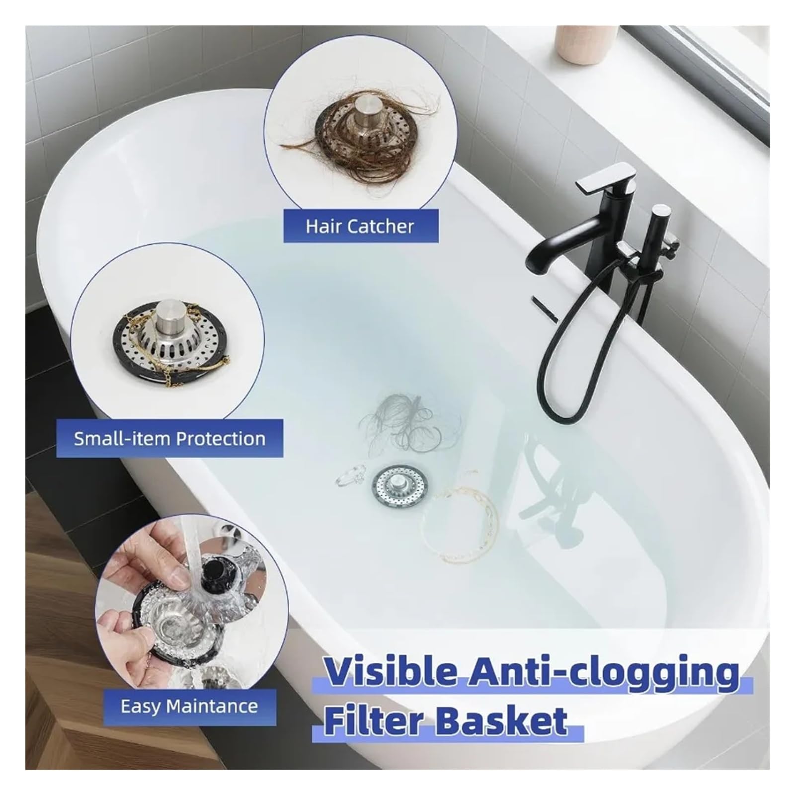 Universeller Badewannen- und Dusch-Haarfänger mit sichtbarem Siebdeckel, 3-in-1-Pop-up-Anschluss FüR KüChe Dusche Badezimmer