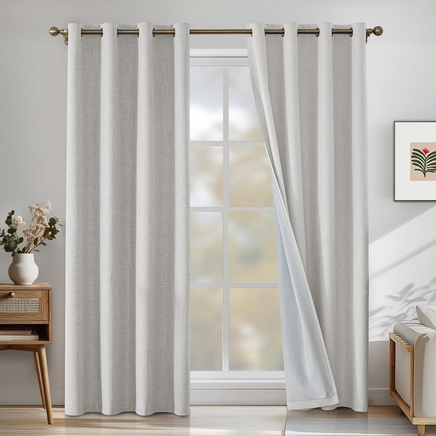 Linen 100% Blackout Curtains for Bedroom, Room Darkening Curtains for Living Room, 108 Inch Blackout Curtains, Extra Long Curtain Grommets Drapes, Thermal Curtains (2 Panels, Off-White)