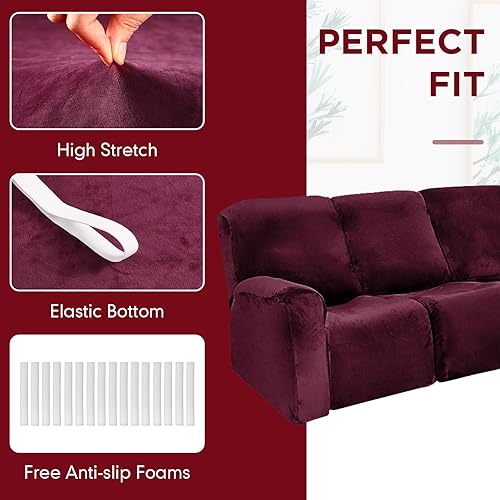 Miniatura 5 de Peryiter 7 fundas para sofá reclinable seccional en forma de L, fundas para sofá modular de 5 asientos, terciopelo de seda láctea, funda elástica