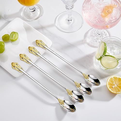 Miniatura 4 de KEAWELL Lujoso juego de cucharas de té helado de 9 pulgadas de largo, 4 piezas, diseño magnífico con acabado pulido de espejo excepcional, acero