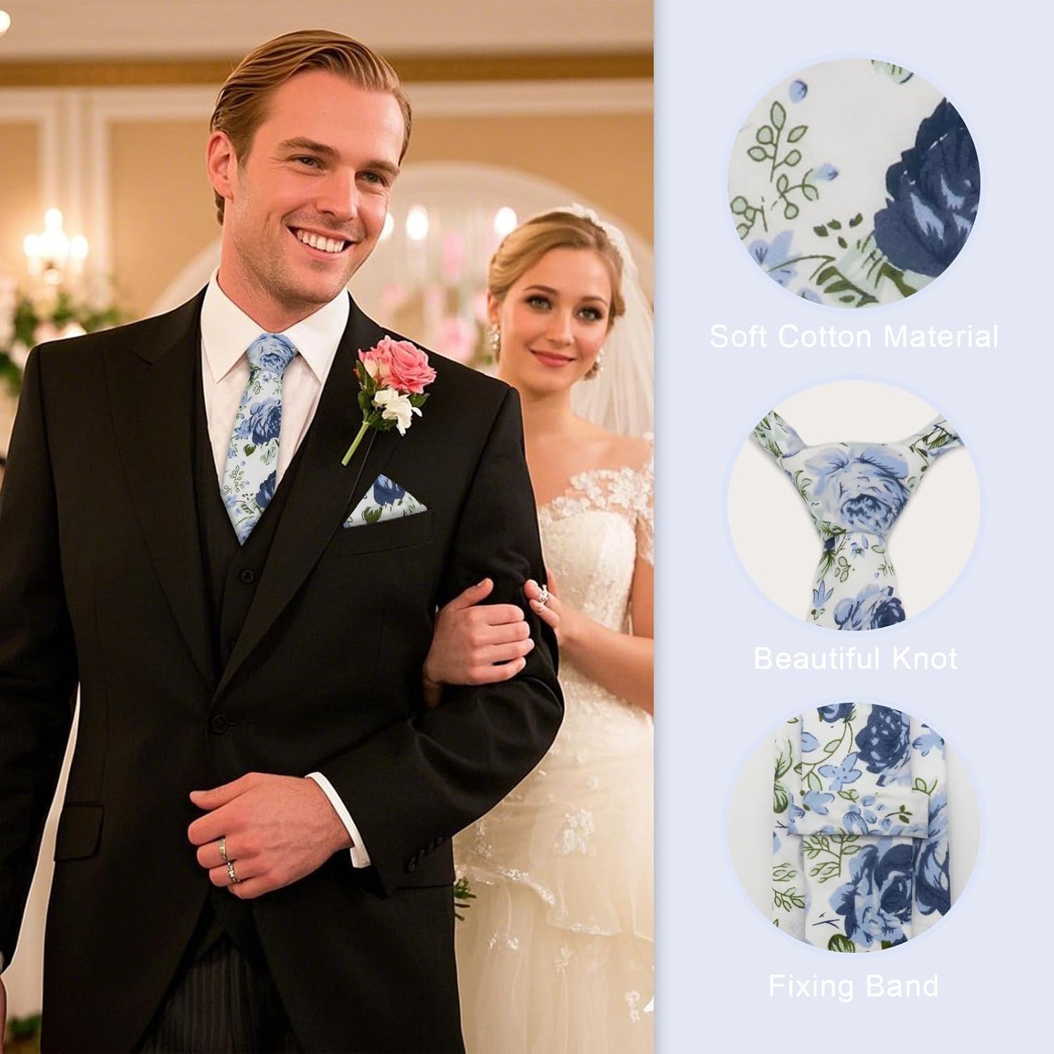 Mens Floral Tie Handkerchief Pocket Squares Holder, 2.75'' Cotton Neckties for Weddings, Party, Business, Casual