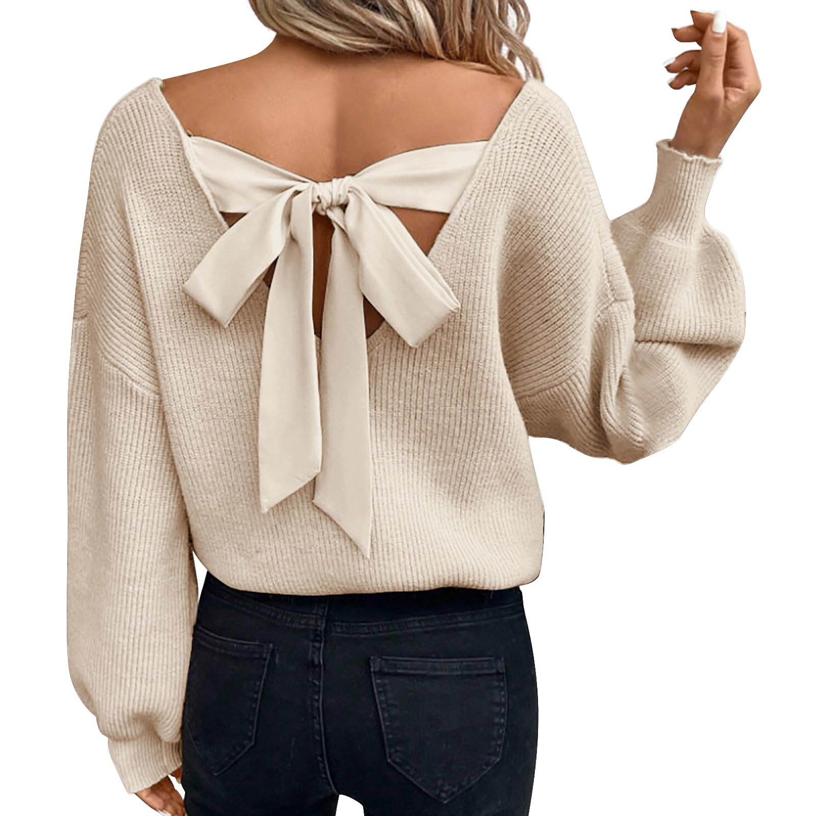 Heevina Sweaters for Women Backless Beauty Back Bow Solid Color Knitted Knit V Neck Puff Bubble Long Sleeve