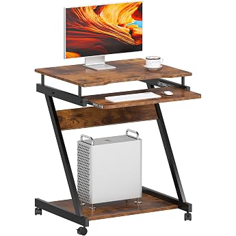 sogesfurniture mobiler Computertisch Schreibtisch in Z-Form platzsparender PC Laptop Tisch B rotisch mit 4 Rollen leichtg ngiger Tastaturauszug Vintagebraun