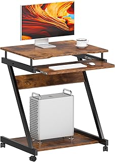 sogesfurniture mobiler Computertisch Schreibtisch in Z-Form, platzsparender PC Laptop Tisch Bürotisch mit 4 Rollen, leichtgängiger Tastaturauszug, Vintagebraun